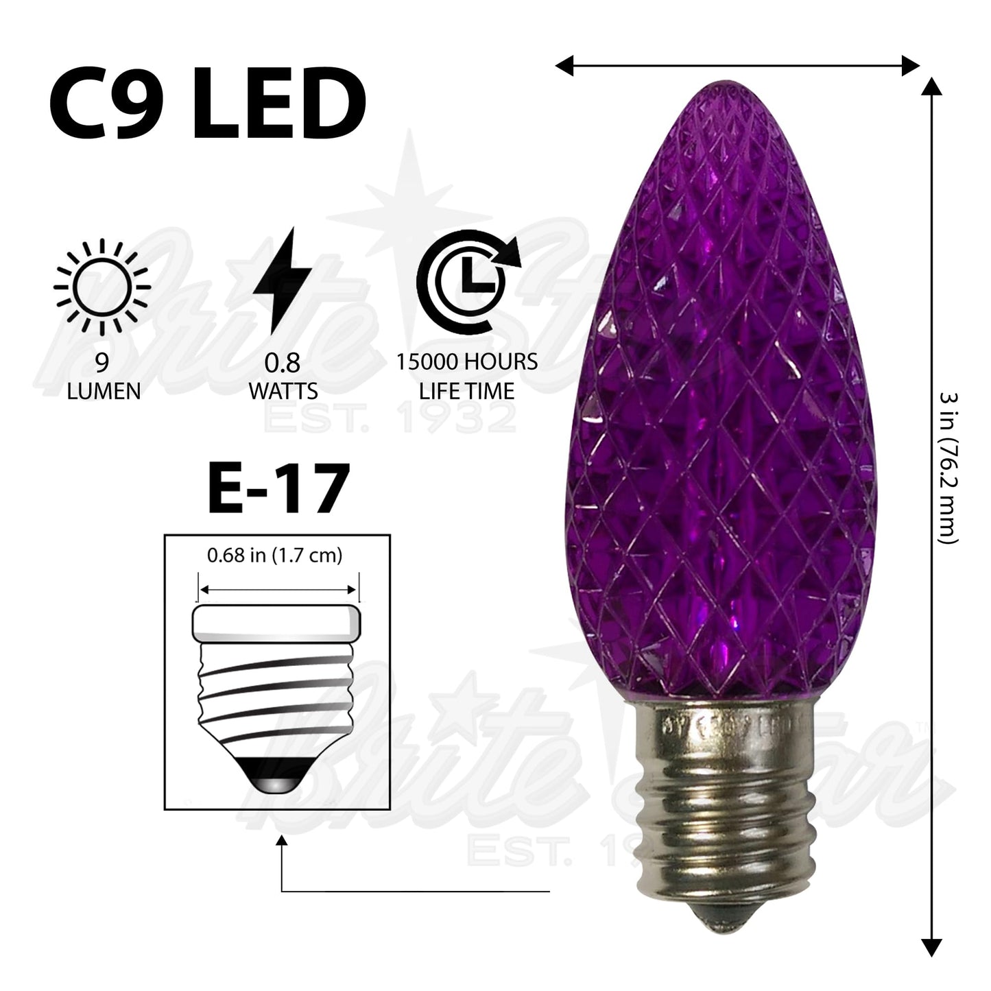 Brite Star LED C9 Replacement Bulbs - Purple 25-Pack, Energy Efficient Perfect Christmas & Outdoor Lighting - E-17 LED Bulb