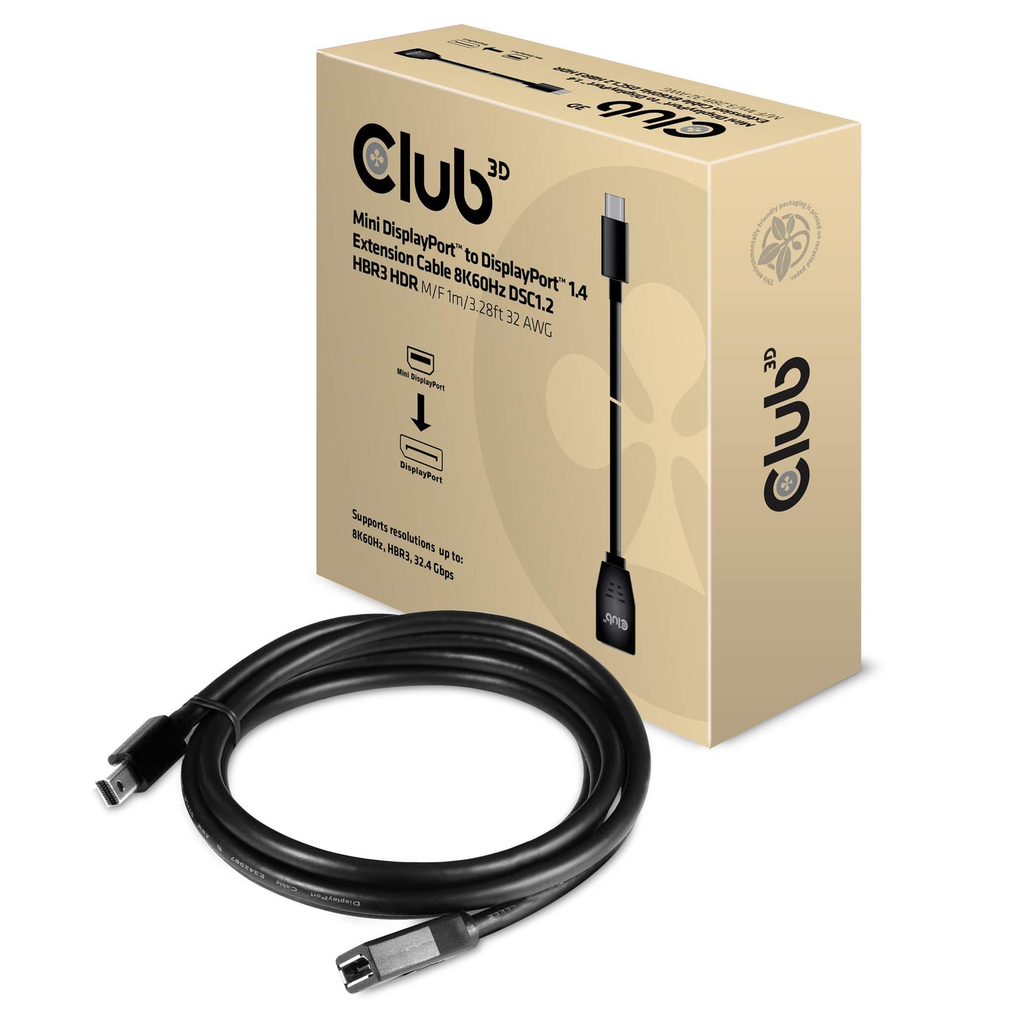 Club 3D CAC-1121 Mini DisplayPort to DisplayPort Bi-Directional 1.4/Hbr3 M/F Cable DP 1.4 8K 60Hz 1m- 3.28ft