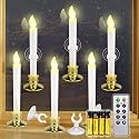 Kithouse 6 Set Christmas Window Candles Lights with Timer Battery Operated Electric LED Taper Candles Flameless for Windows, Gold Candle Holders