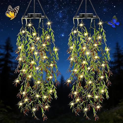 HSBMTBDBF Solar Hanging Garden Lights, 66 LED Artificial Willow Leaf Solar String Lights Outdoor, Birthday Gifts for Her Mom Grandma, IP65 Waterproof