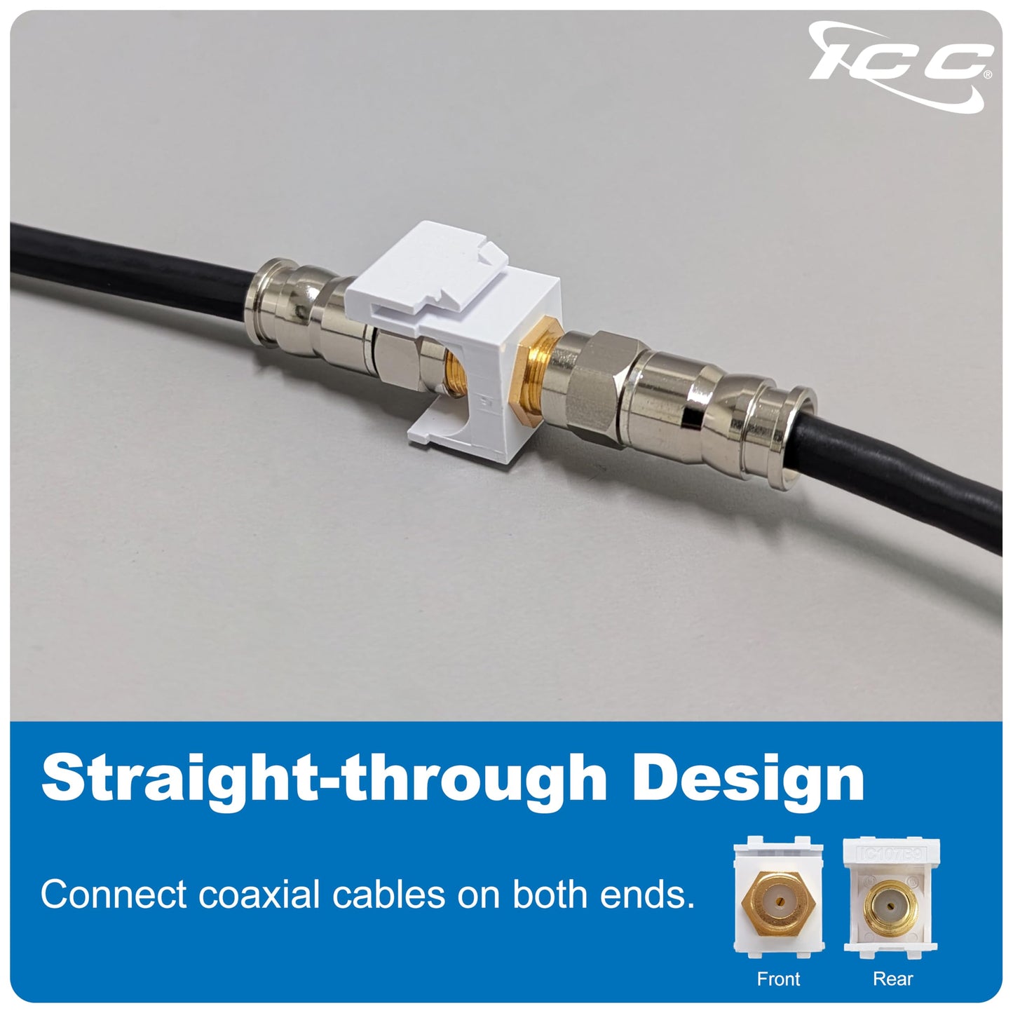 ICC F-Type Keystone Jack, Gold Plated 2 GHz Coax Jack, Female to Female, RG6 RG59 Compatible, Coaxial Wall Plate Insert, White, 25-Pack
