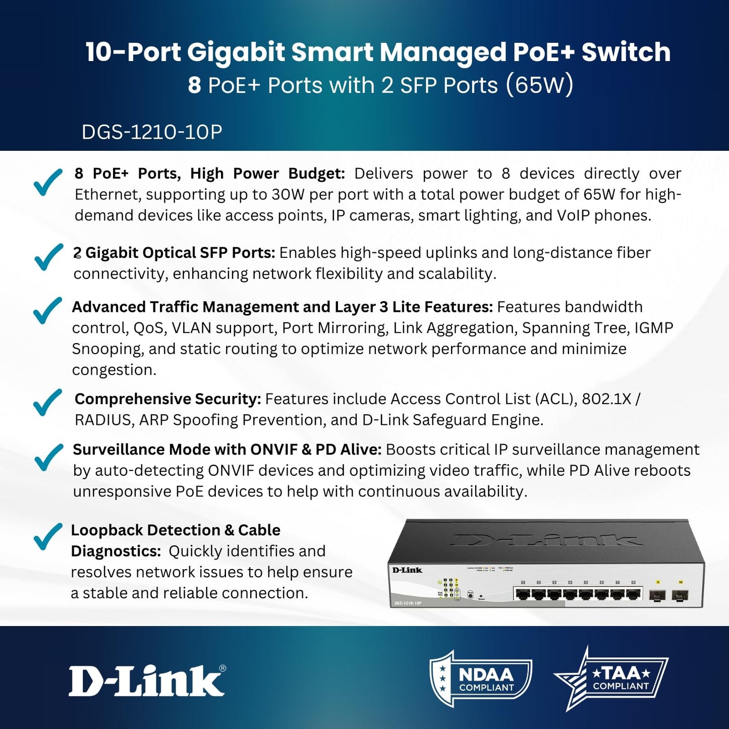 D-Link 10-Port Gigabit Smart Managed PoE+ Switch | 8 PoE+ Ports (65W) + 2 SFP Ports | L2+ | VLANs | Web Managed | Surveillance Mode | Desktop or