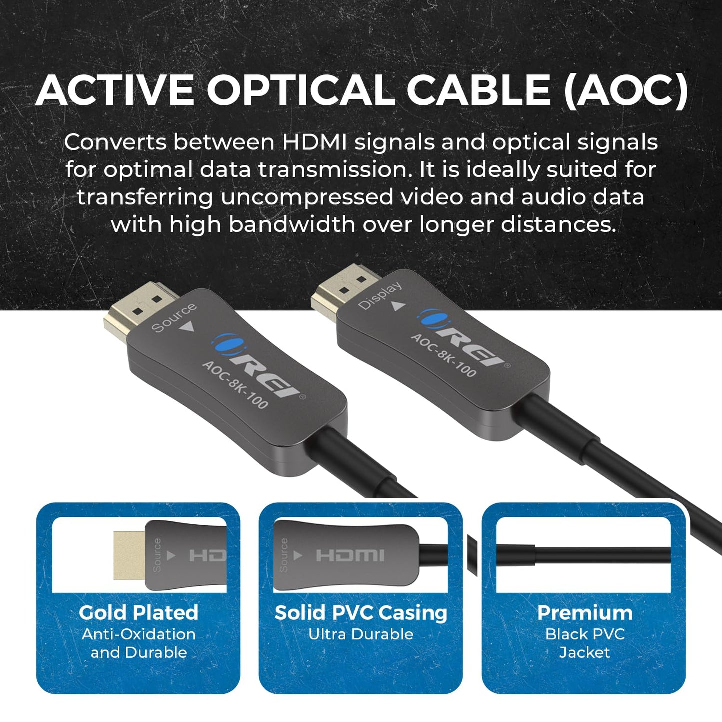 OREI 8K HDMI 2.1 Cable 100ft - AOC Active Optical Fiber HDMI Cable, 48Gbps, 8K@60Hz, 4K@120Hz, HDR10+, eARC, HDCP 2.3, EMI-Free, Gold-Plated, Nylon