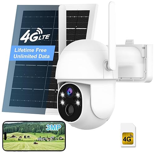 Vearoat 4G LTE Cellular Security Camera Outdoor System, Lifetime Free Unlimited Data,Wireless Solar Security Camera Built in SIM Card, 360° Live View