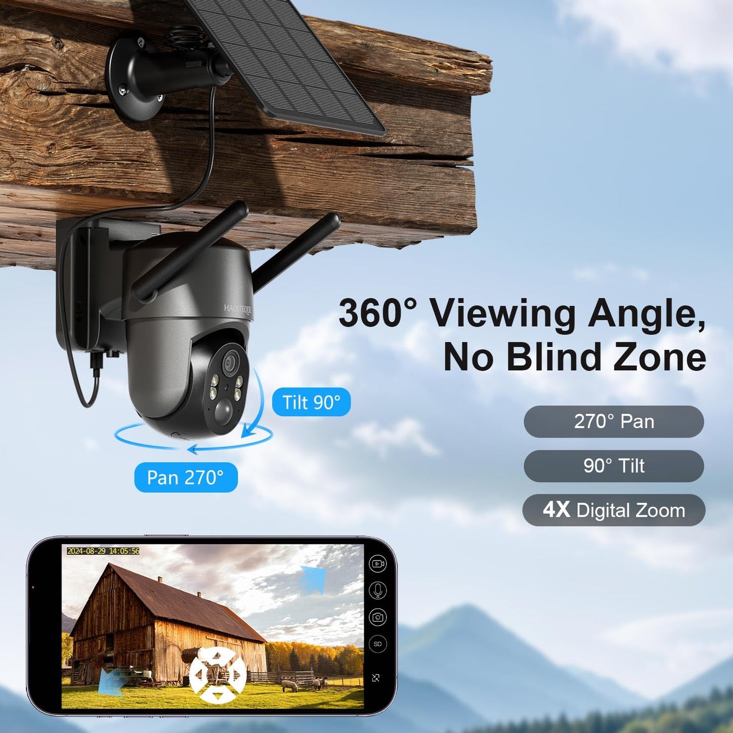 No WiFi Security Camera, 4G LTE Cellular Security Camera Outdoor, Solar Security Cameras Wireless Outdoor, 360 Camera with PTZ Control, PIR Detection