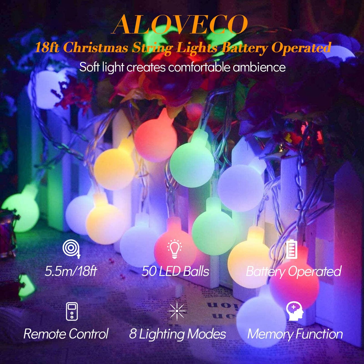 ALOVECO LED String Lights 18ft 50 LEDs Battery Operated String Lights with Remote 8 Modes Waterproof Globe Starry Fairy Lights for Outdoor Indoor