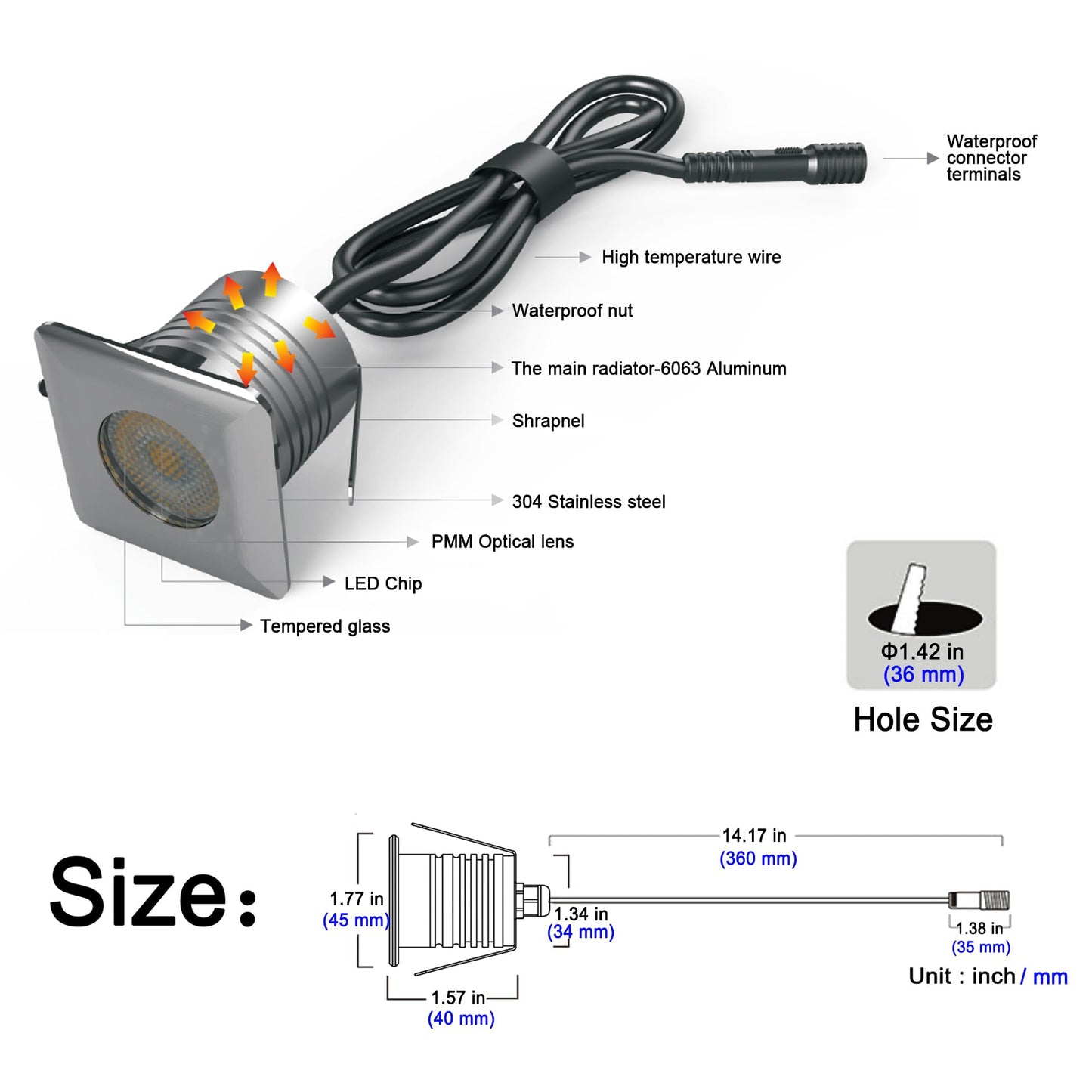 CNBRIGHTER LED In-Ground Well Lights Square,3W, DC12V-24V Waterproof IP67,Aluminum&Stainless Steel,Buried Underground Outdoor Landscape Lightings,Warm