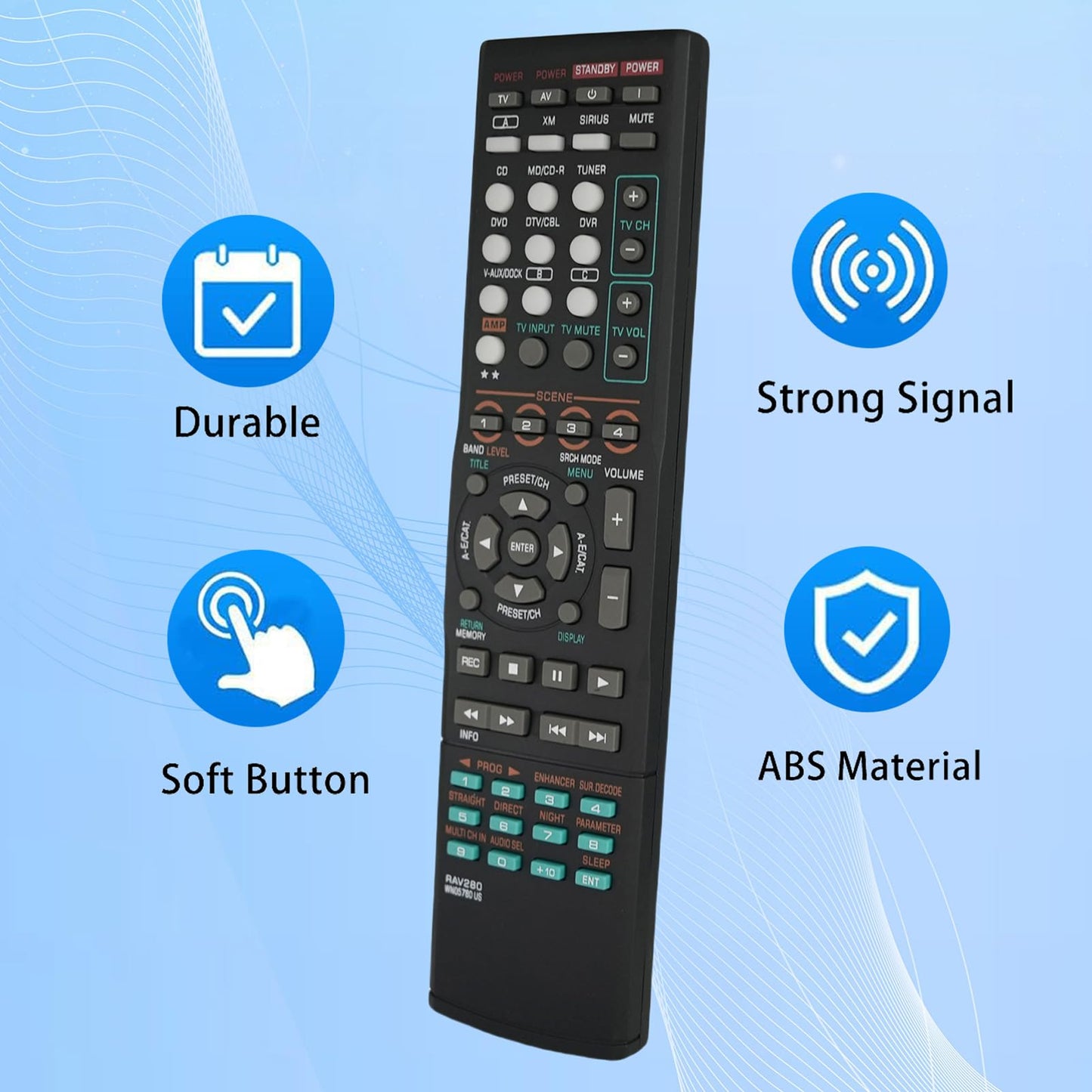 Replacement Remote Control RAV280 WN057800 Compatible for Yamaha HTR-6160 HTR-6160BL RX-V663 RX-V663BL RX-V863 RX-V863BL Audio Video AV AV Receiver