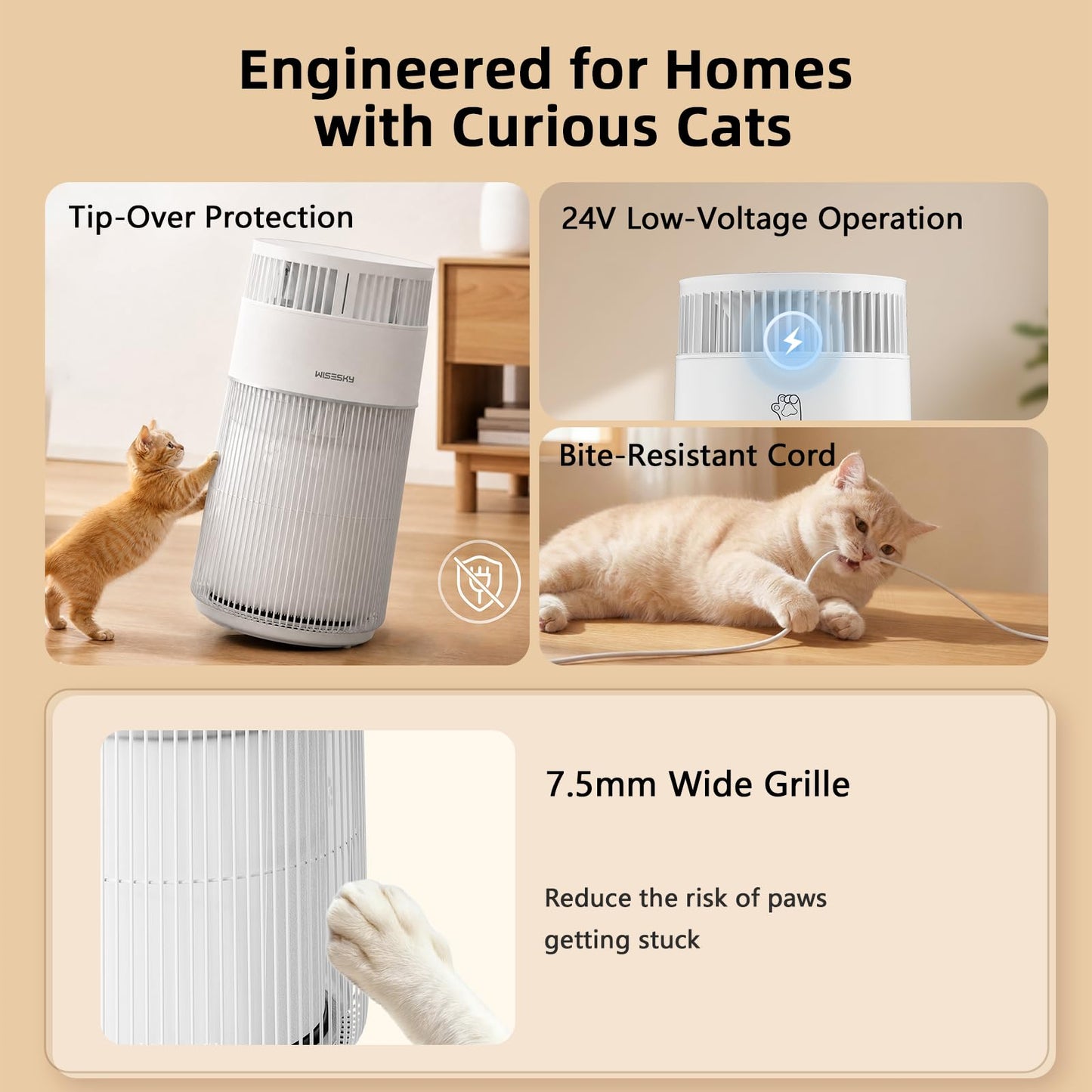 WISESKY Cat Air Purifier with Bite-Resistant Cord & Wide Grille and Tip-Over Protection | Air Purifier for Home with 360° Air Intake for Pet Hair |