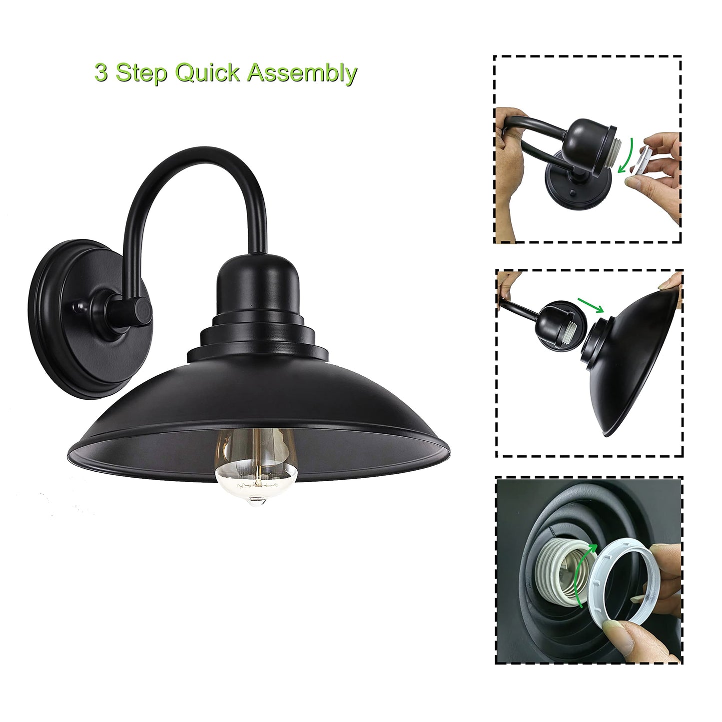 GOLDHILL Black Gooseneck Outdoor Barn Light, Farmhouse Vanity Lights with E26 Based Socket, Round Exterior Lights for House Garage Bathroom Bedroom