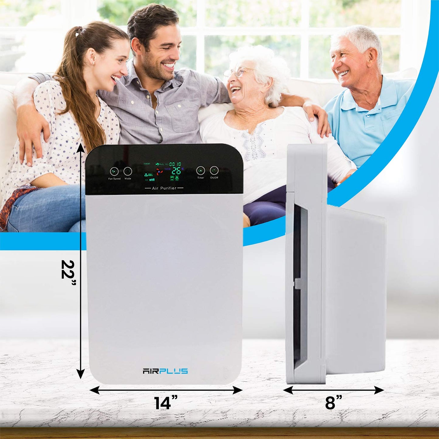 Bluonics Air Plus Room 5-in-1 Air Purifier, True HEPA Filter with UV Light, Filters Pollen, Wildfire Smoke, Dust, Odors Mold, and, for Home