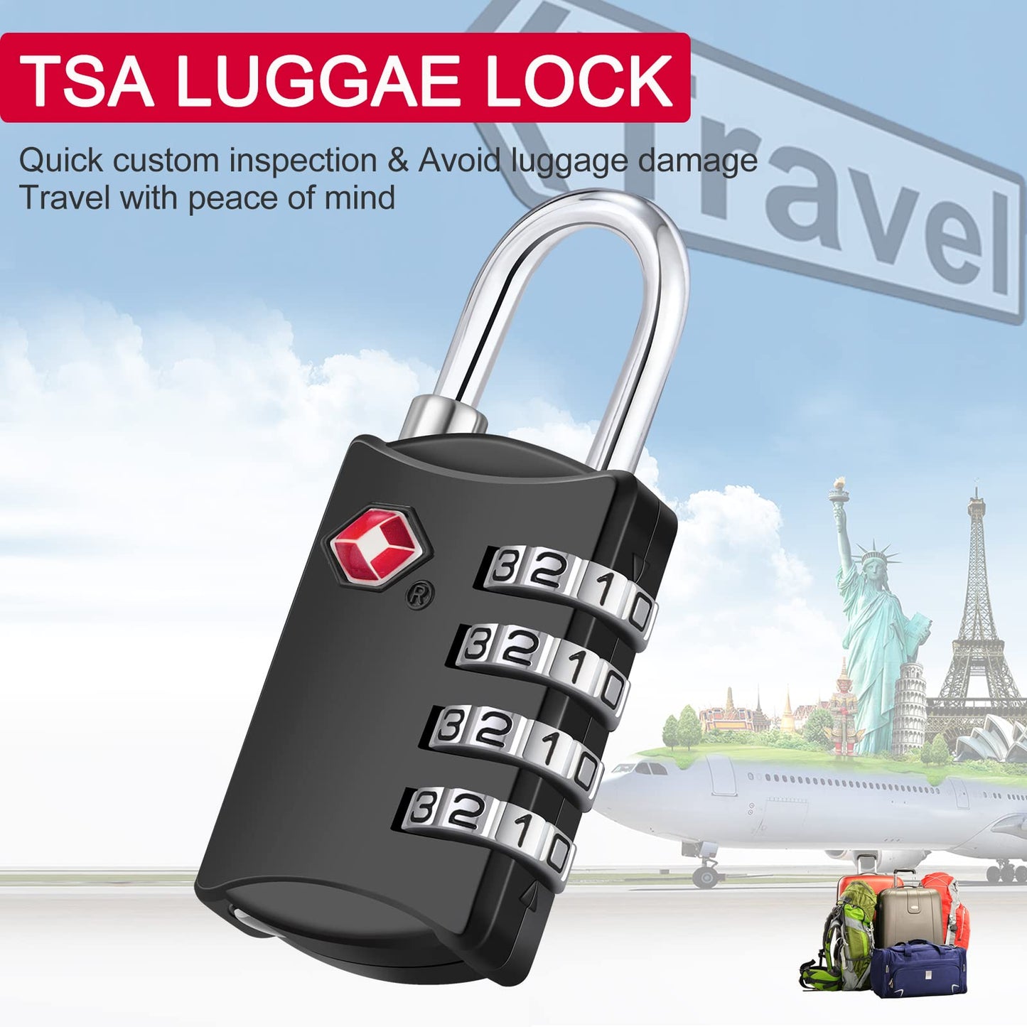 ZHEGE TSA Approved Luggage Lock – 4 Digit Combination Travel Padlock with 80cm Flexible Cable for Suitcases & Backpacks