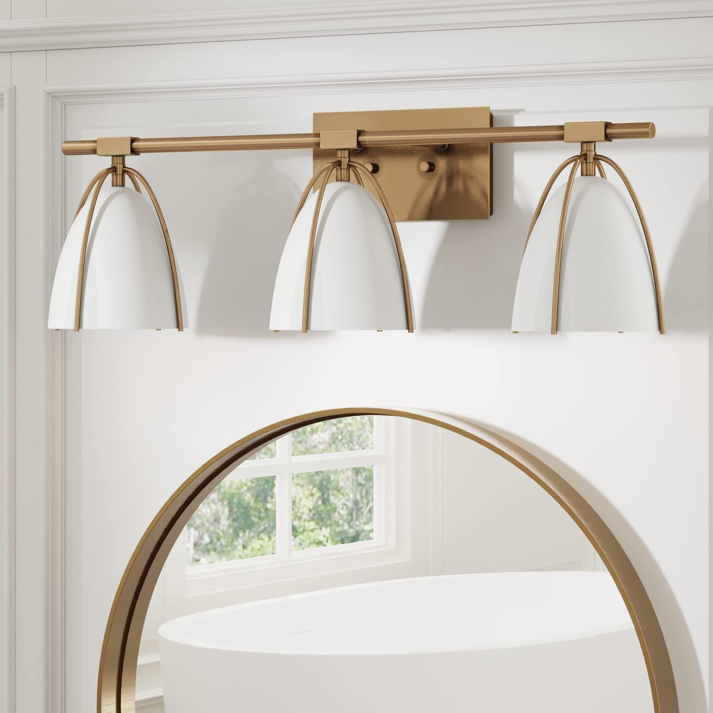 Nathan James Aubrey 3-Lights Farmhouse Wall Light Fixture, Bathroom Vanity Light with Brass Metal Frame and Gold and White Cage Shades for Bathroom
