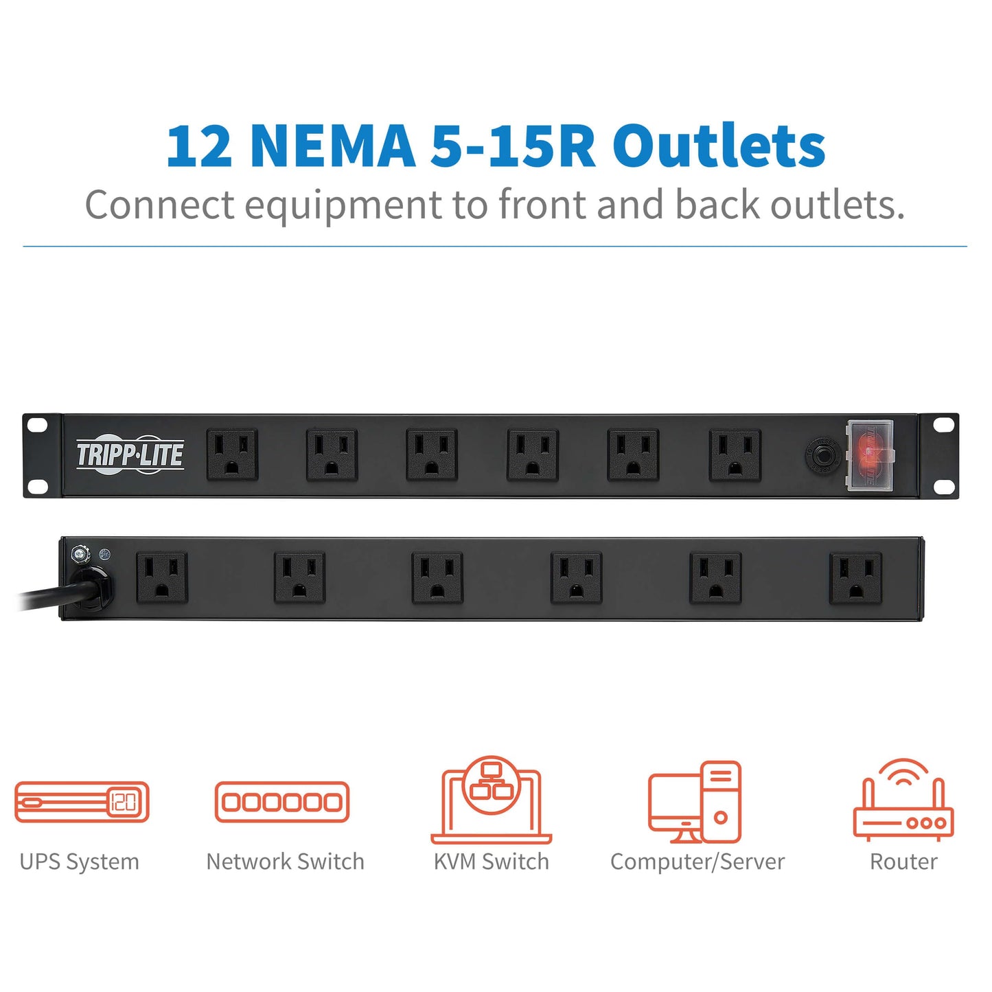 Tripp Lite 12-Outlet Rack Mount Power Strip PDU, Six Front & Six Rear Facing Outlets, 15A, 120V, 15ft Cord with Right-Angle Plug, Horizontal 1U Rack