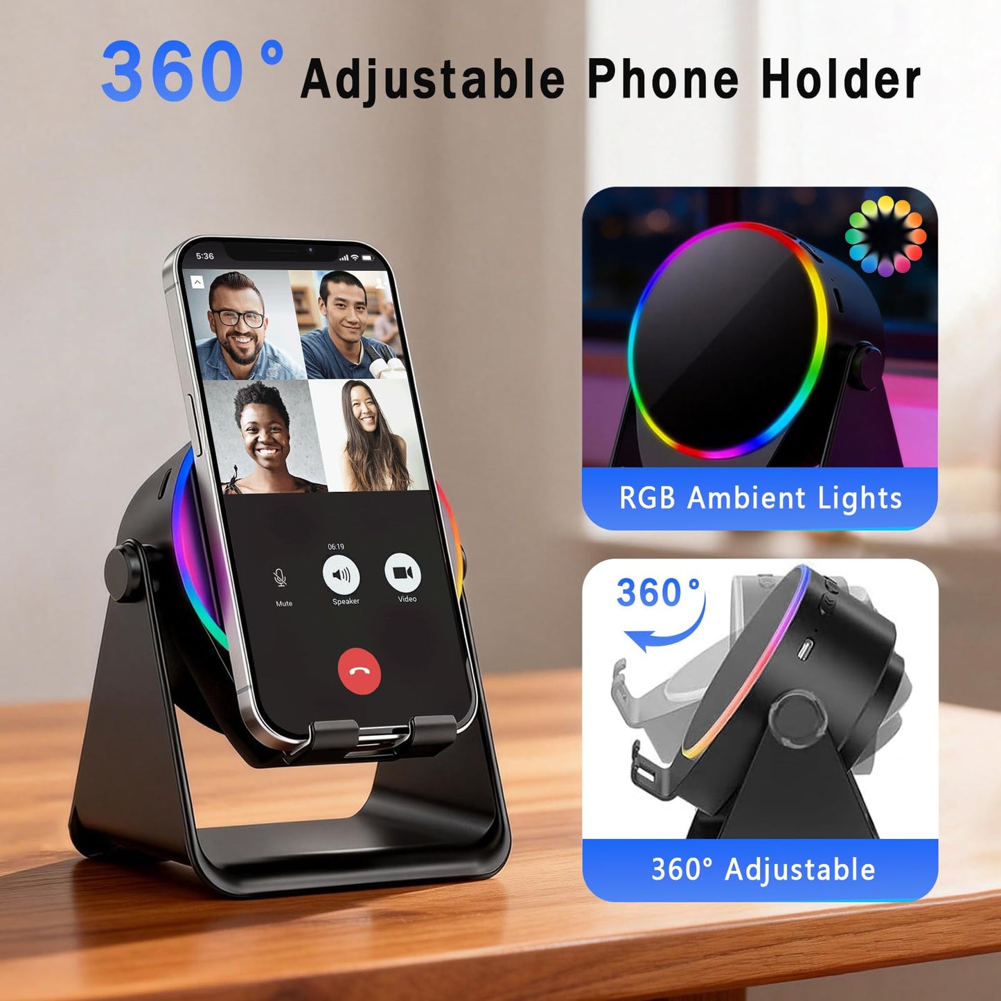TEFELE Wireless Induction Speaker, 5-in-1 Bluetooth Speaker with Phone Holder, 360° Rotation & RGB Lights, HD Stereo Sound for iPhone/Samsung/Android