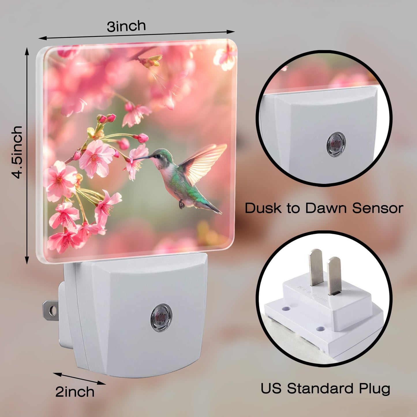 sndheke Hummingbird with Cherry Blossoms Night Light Plug into Wall, Pink Flowers Bird Dusk to Dawn Night Light Plug in,0.5w Energy Saving Sleep