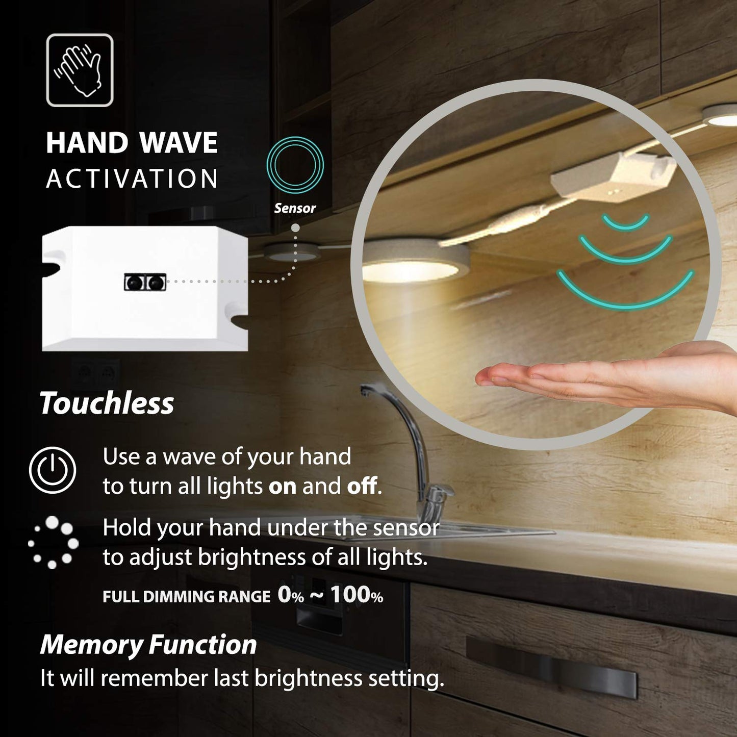 EShine Under Cabinet Puck Lights with Hand Wave Sensor - Circular LED Cabinet Lights - Dimmable - Pack of 12, Cool White (6000K)