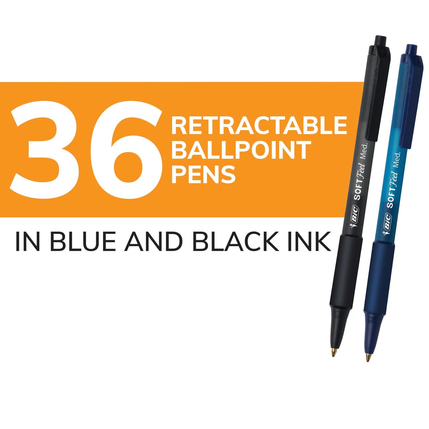 BIC Soft Feel Retractable Ballpoint Pen,1.0 mm Medium Point, Bulk School Supplies for Students and Teachers, No-Slip Grip, 36-Count in Black & Blue
