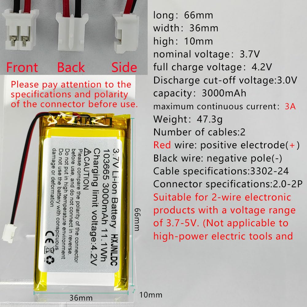 HXJNLDC DC 3.7V 3000mAh 103665 Rechargeable Lithium Polymer Replacement Battery for DIY 3.7-5V Electronic Products with Built-in 2-Wire Battery…