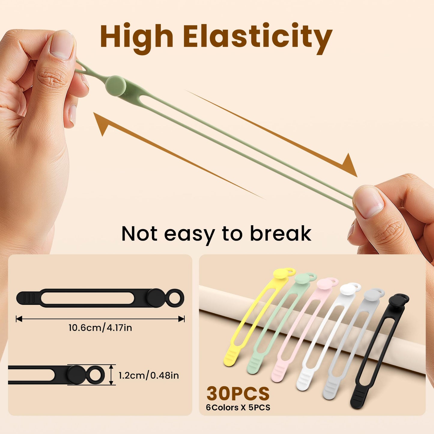 LOOHOI 30Pcs Silicone Cable Ties,Reusable Data Cable Organizer for Office, Multipurpose Elastic Cord Management Ties for Bundling and Fastening Cable