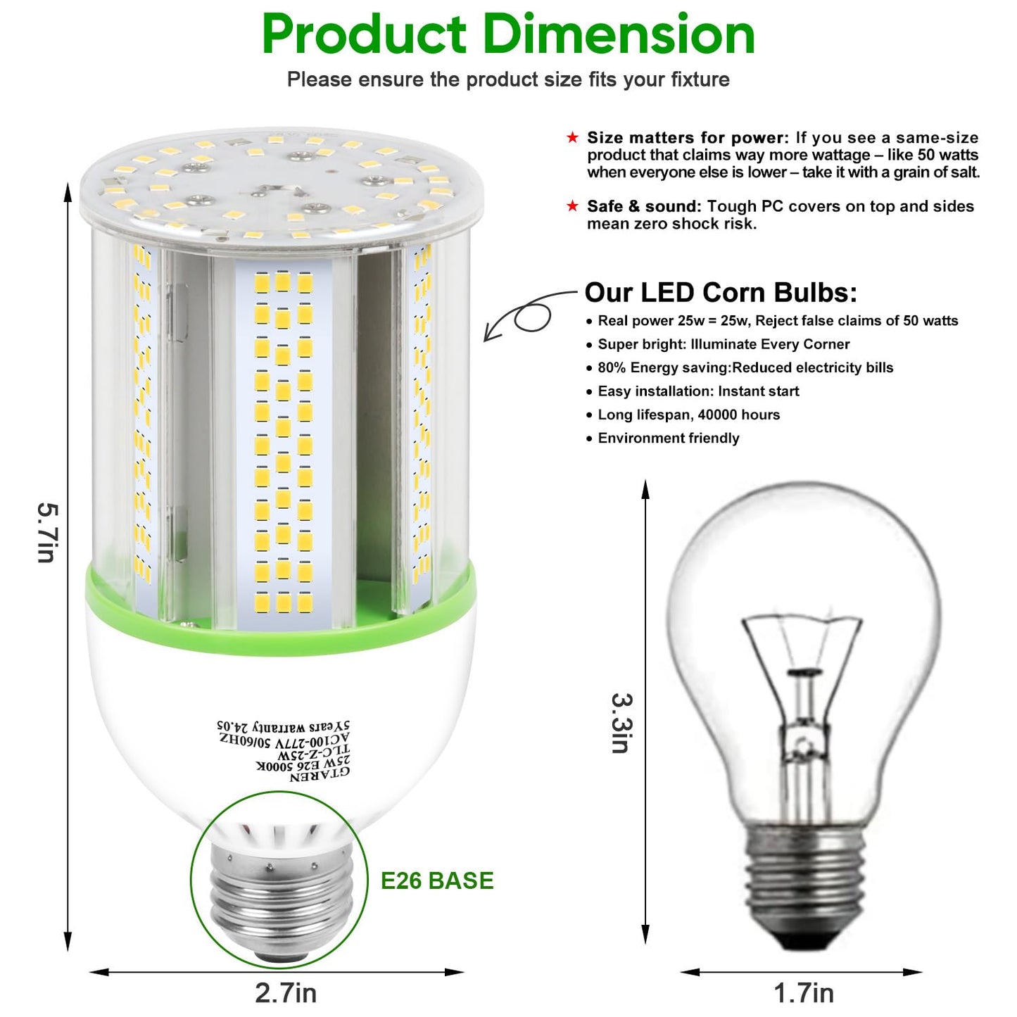 GTAREN E26 LED Bulb, 25W Corn Light, 250W Equivalent, 3500 Lumens, 5000K Daylight White, CFL MH HID Replacement - Indoor Outdoor Basement Backyard