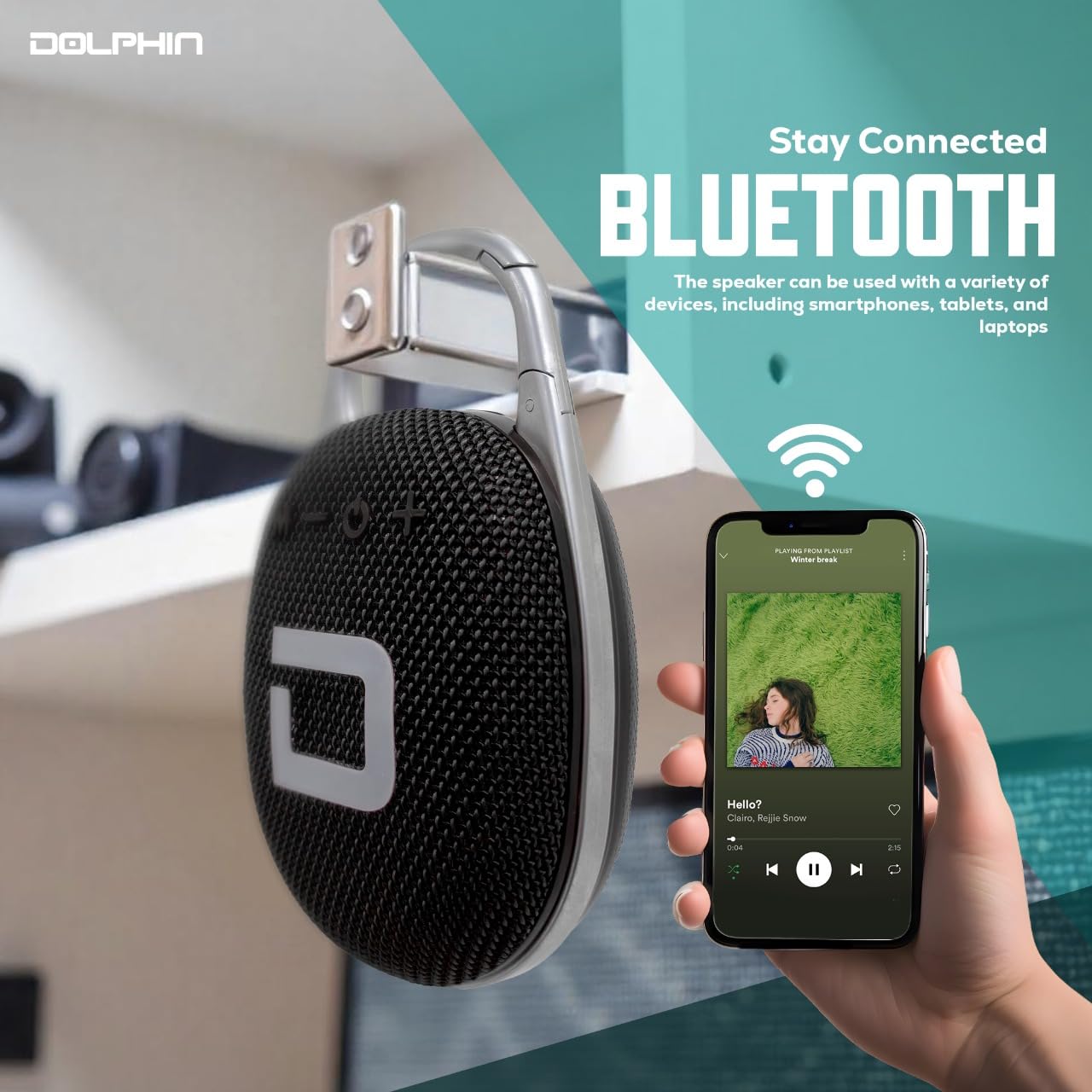 Dolphin Waterproof Clip-On Bluetooth Speaker - Portable & Rechargeable, Perfect for Hiking, Travel, Beach, Pool, and Outdoor Adventures (Black)