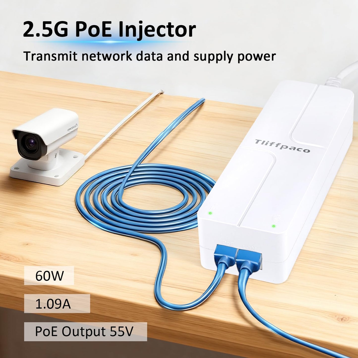 PoE Injector 2.5Gb 60W 55V, 802.3af/at/bt Compliant PoE++ Adapter, Plug & Play, Data & Power Over Ethernet, Up to 328ft, for PTZ IP Camera, Dual Band