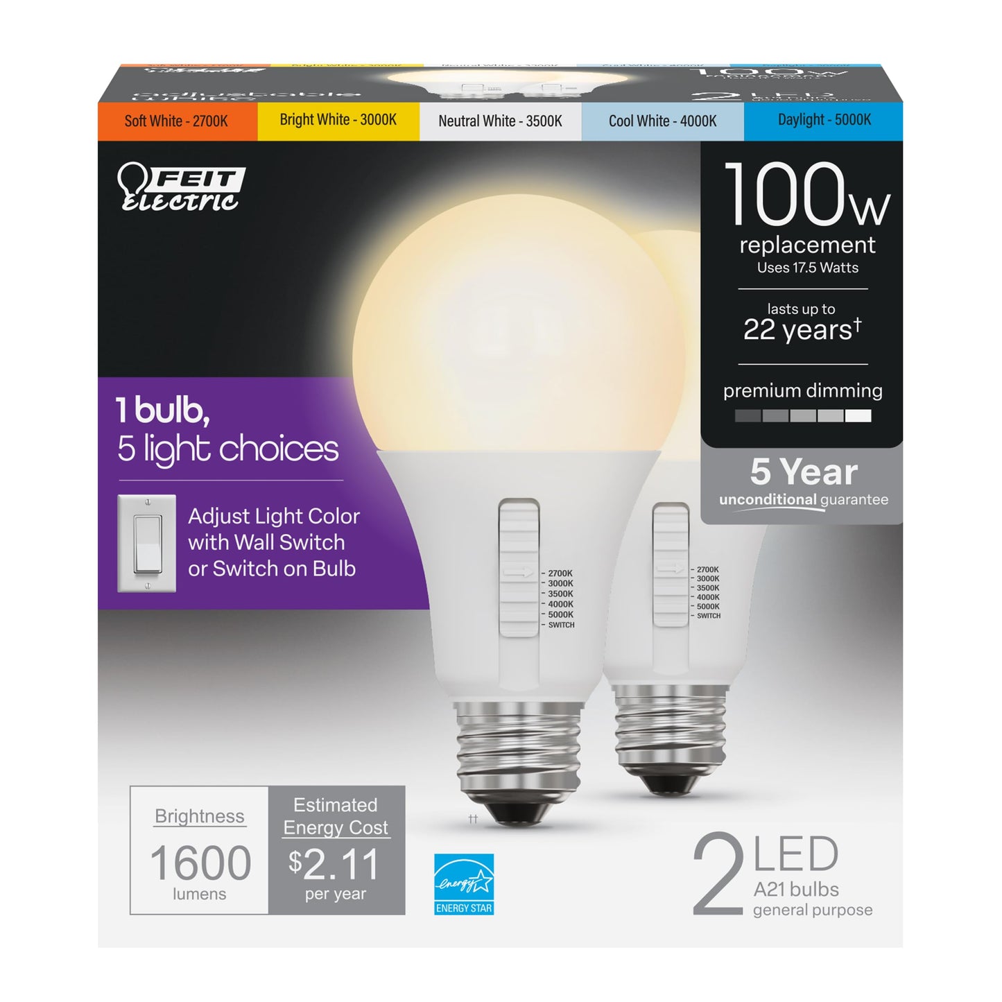 Feit Electric A21 100W LED Light Bulb, 100W Equivalent, Dimmable, Color Selectable 6-Way, 5CCT, E26 Medium Base, 90CRI, 1600 Lumens, 22-Year Life
