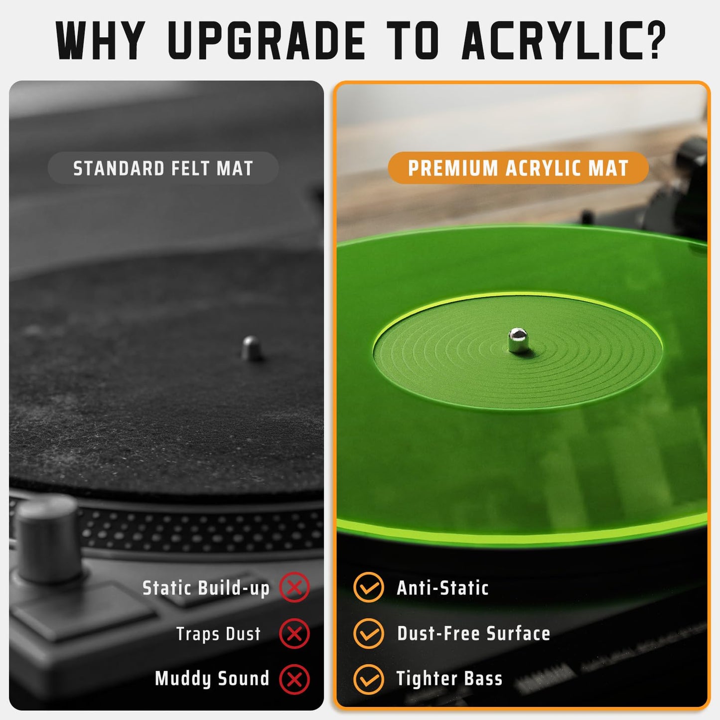 Turntable Mat Record Platter Slipmat: Greenlit Acrylic Record Player Platter Vinyl Slip Mats for Turntables Antistatic Tighter & Defined Bass, Green