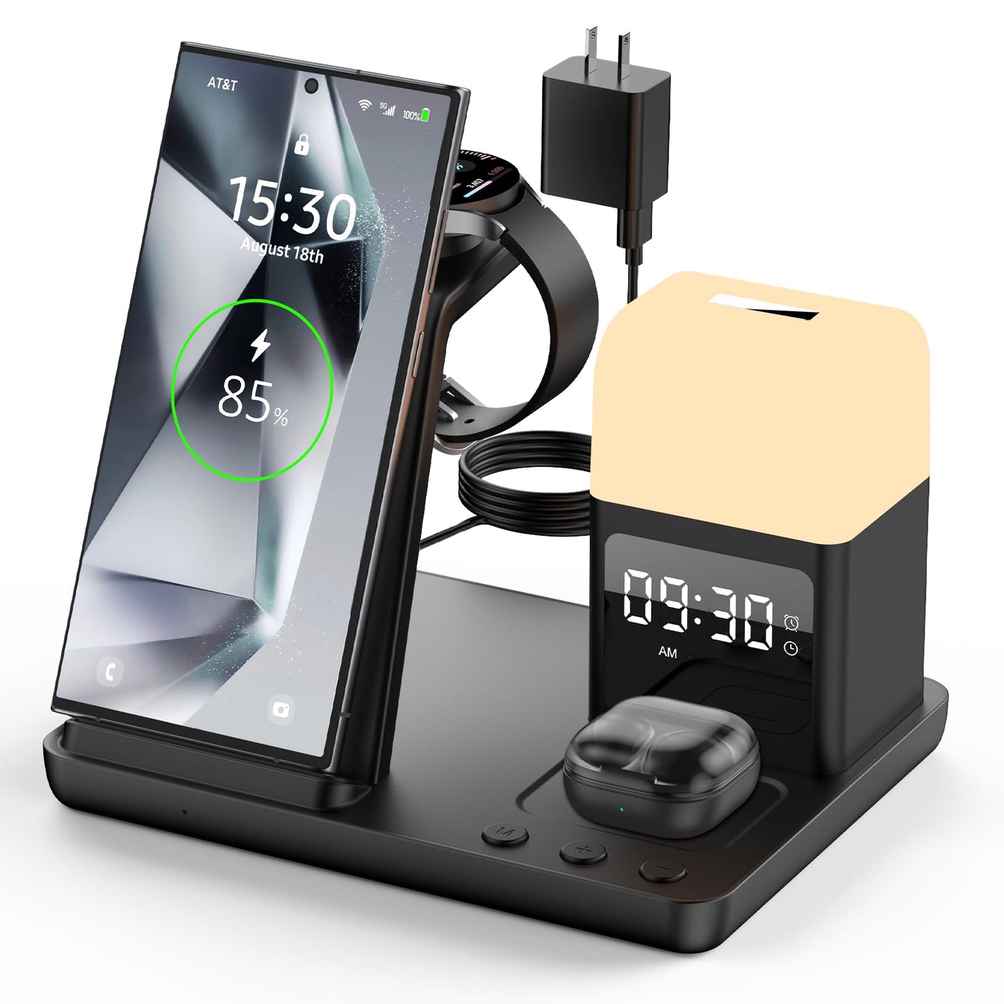 Wireless Charger for Samsung/Android Charging Station, 6 in 1 Fast Watch Charger with Alarm Clock-Night Light, Compatible for Galaxy S25 Ultra/S24