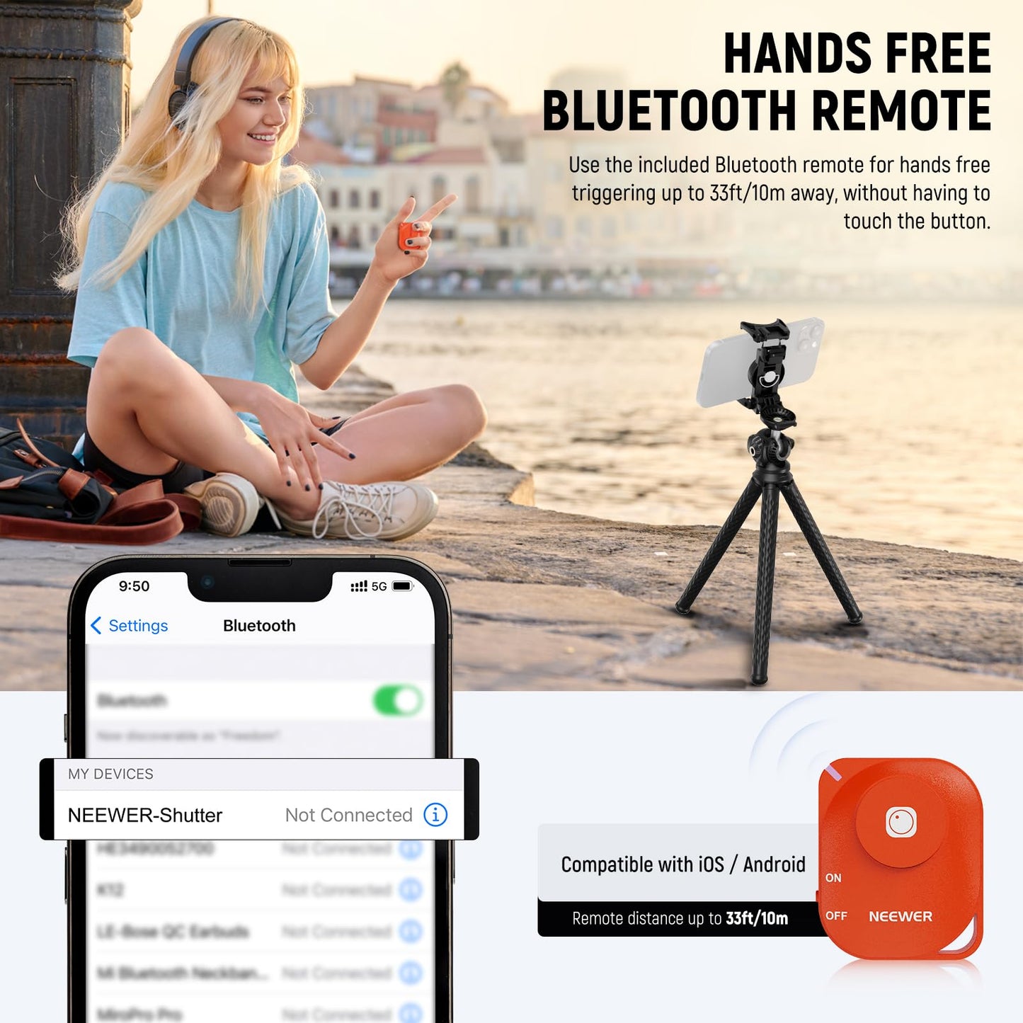 NEEWER Flexible Tripod with Remote, Mini Camera Phone Tripod Stand with Hidden Phone Holder&Action Camera Adapter Compatible with iPhone GoPro Hero13