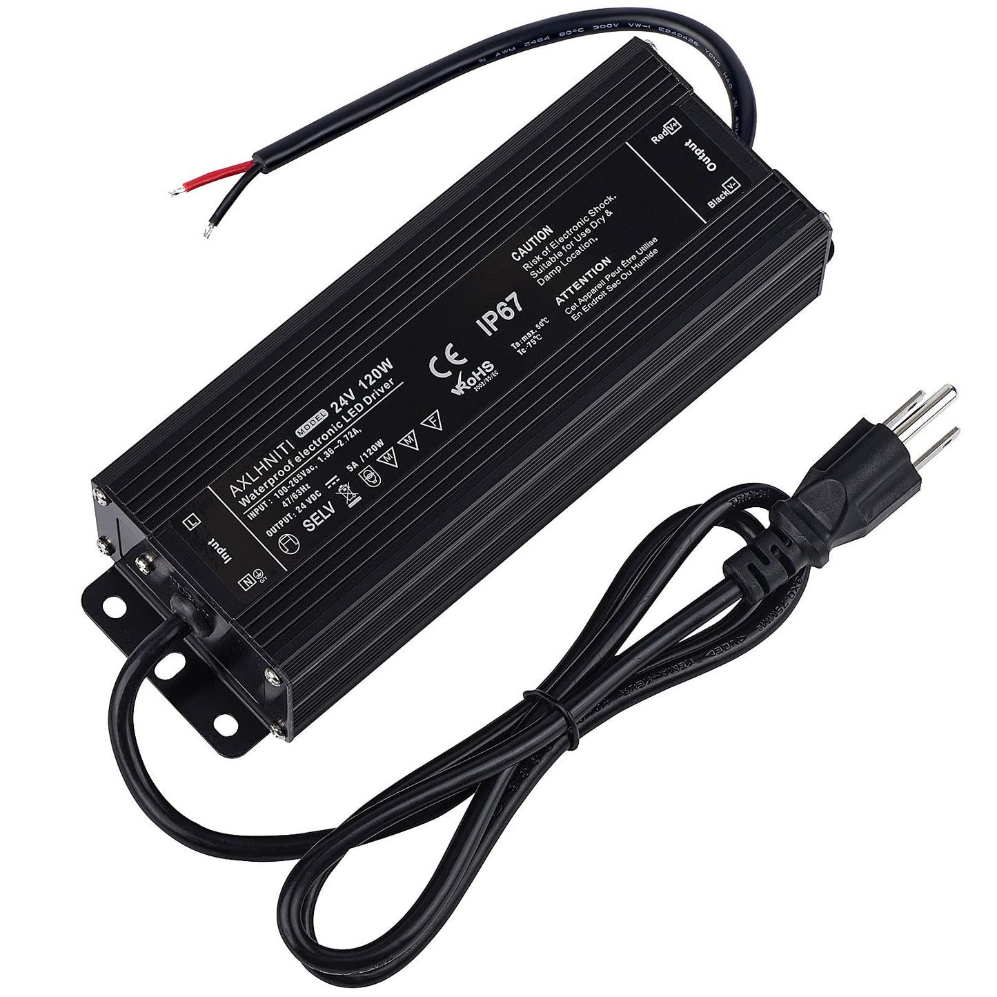 LED Power Supply - 120W IP67 Waterproof, 24V DC for LED Strip Lights, 100V-265V AC Input, 3-Prong Plug with 3.3 Feet Cable