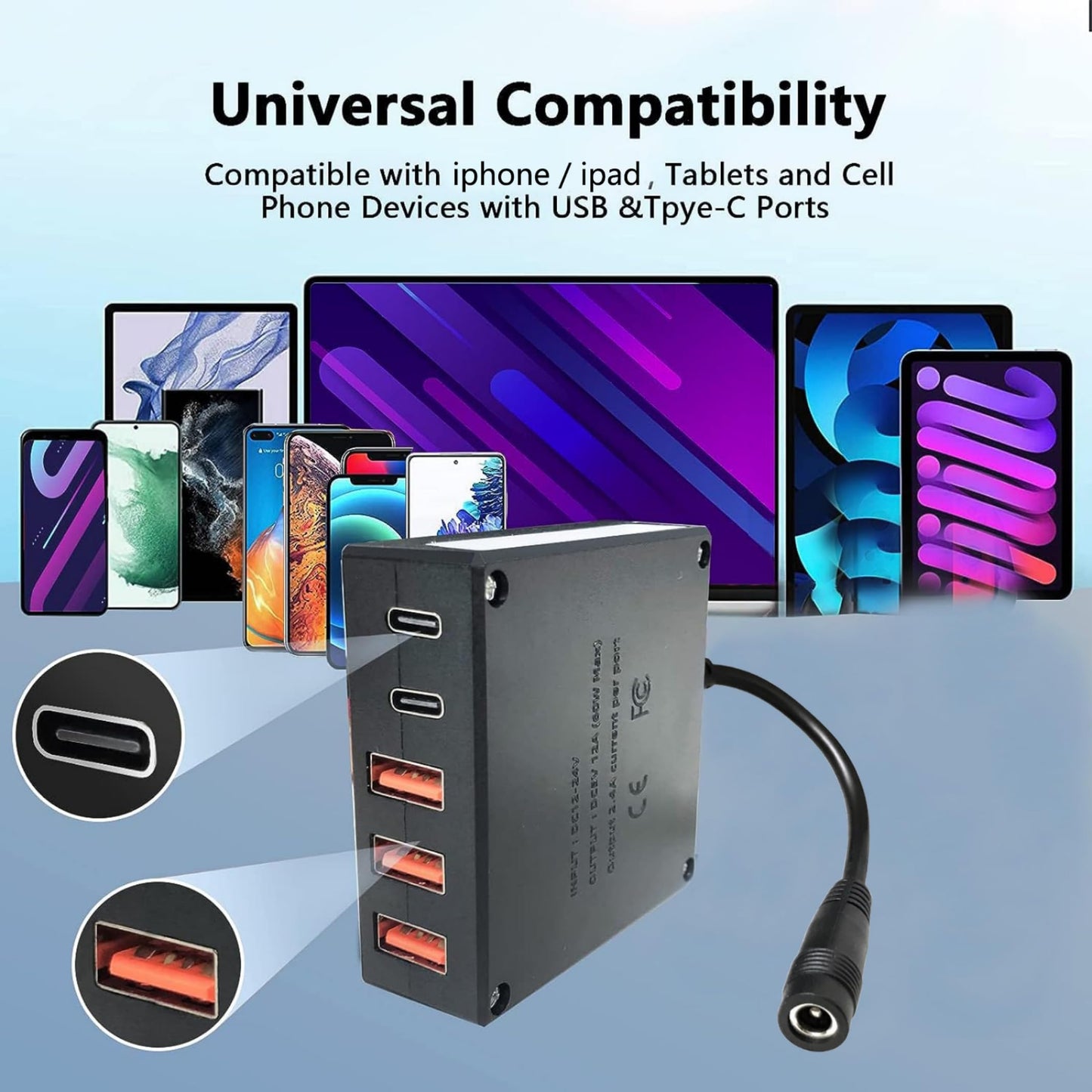 12V 24V to USB 5V Step Down Converter Power Adapter, 12 Volt USB C Charger Multi Port, DC 8V-30V to Type-C 5 Volt 12A 60W Buck Module.