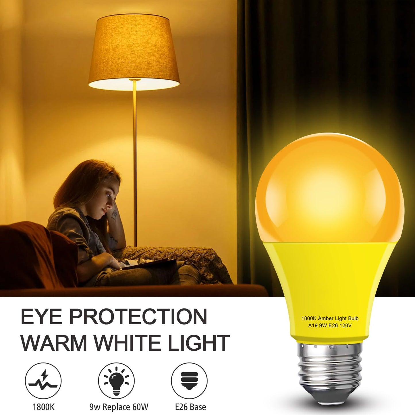 mfxmf Sleep Light Bulb 2 Pack Dimmable A19 9W 1800K Warm Light Bulbs