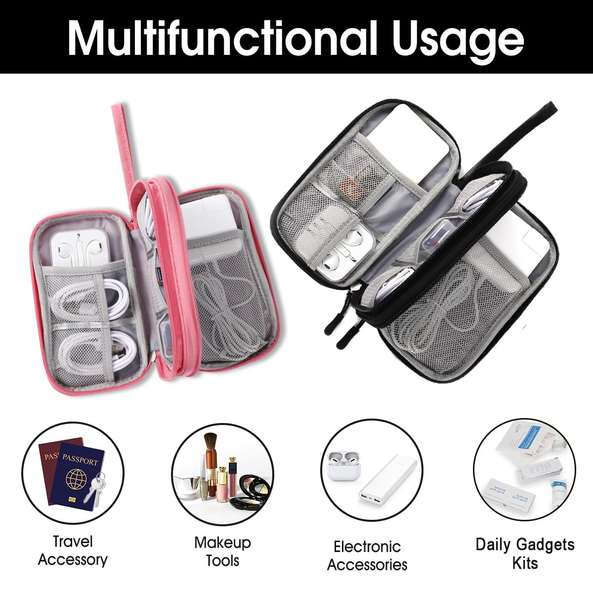 Tildaks Travel Electronic Organizer Pouch Bag, 3 Compartments Portable Electronic Phone Accessories Storage Multifunctional Case for Cable, Cord