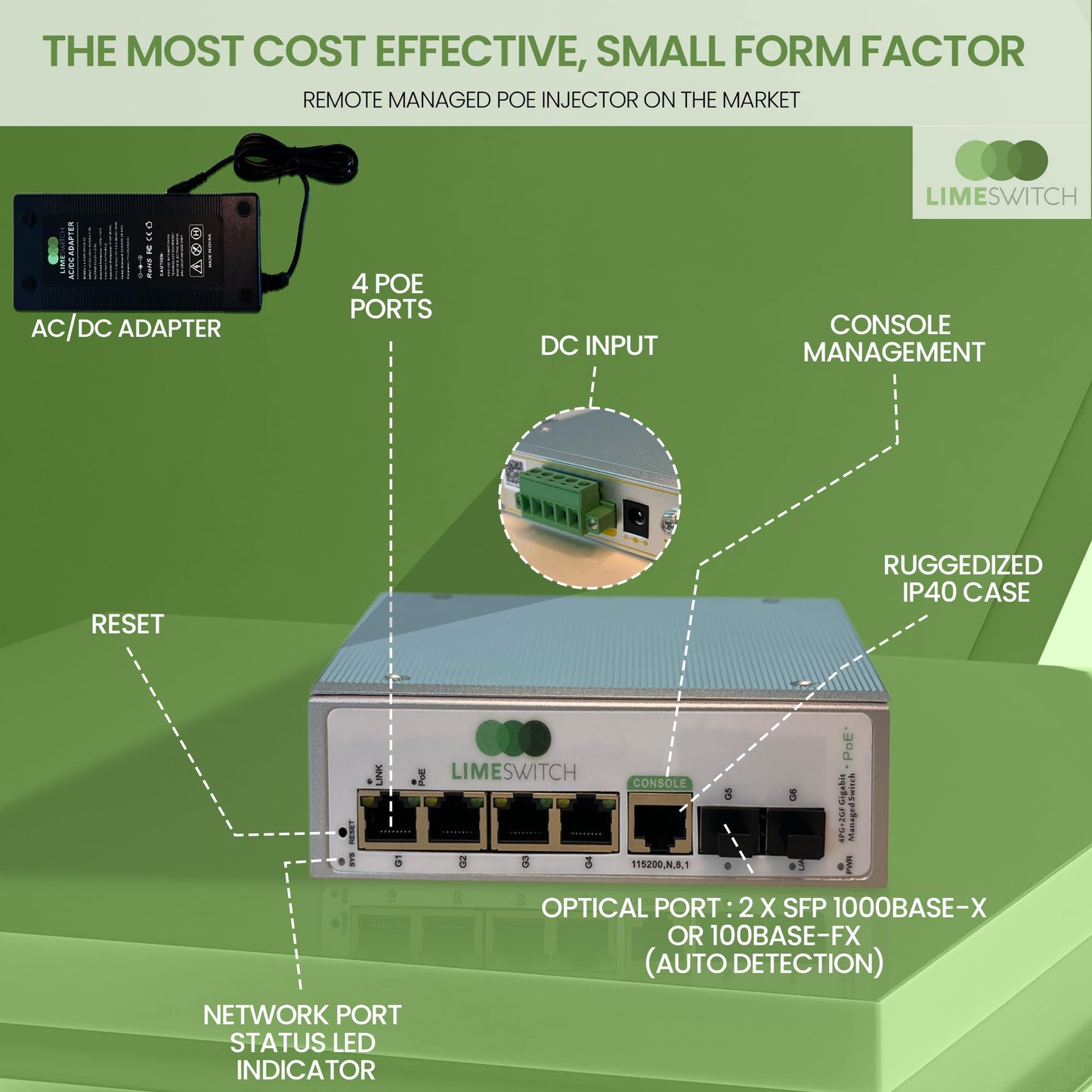 LimeSwitch LS-2G4P-R - (4) POE+, (2) 1 gig SFP, ruggedized, Layer 2+ SNMPv3 Managed