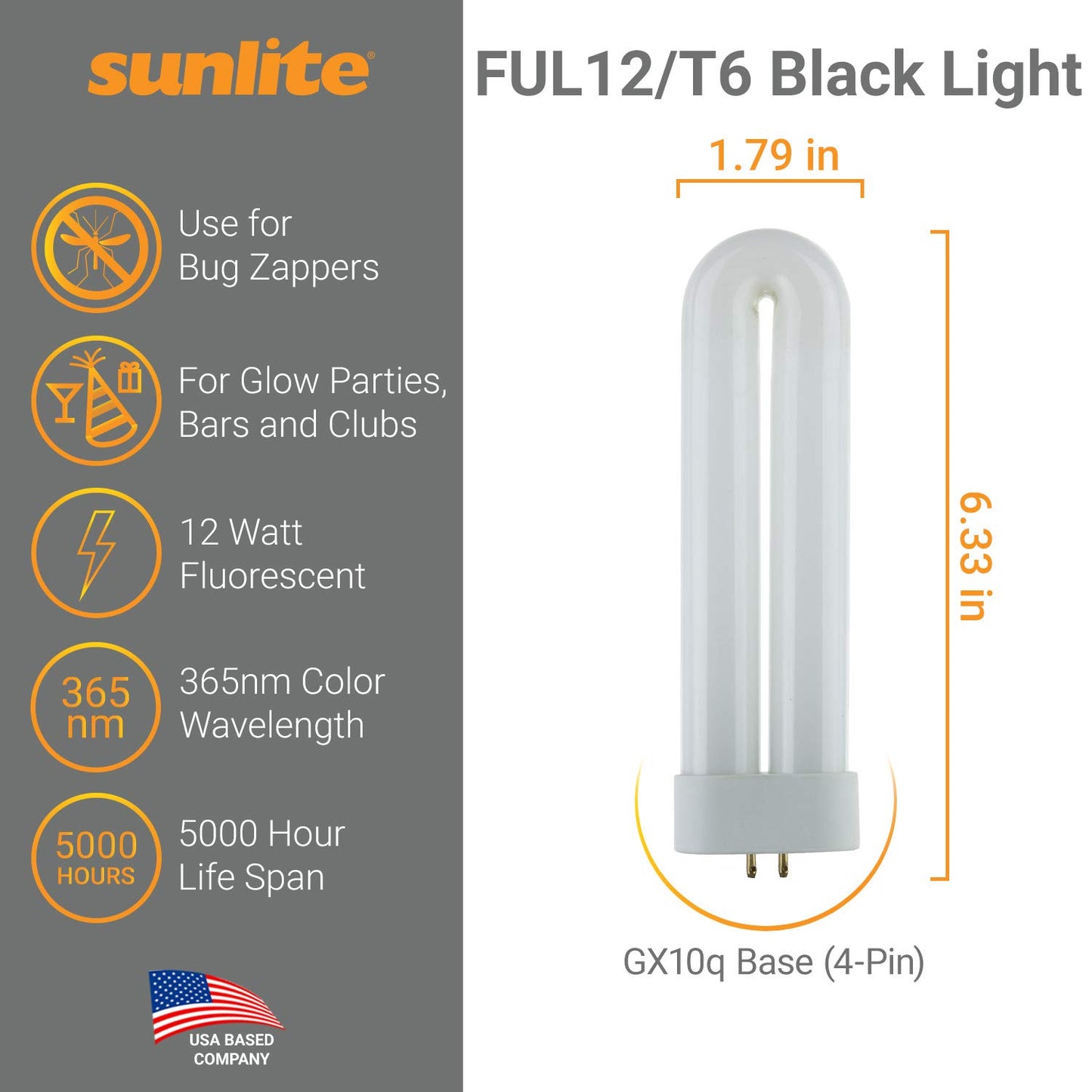 Sunlite 05150-SU T6 Fluorescent U-Shaped Light Bulb, 12 Watts, UV Light, 365nm Color Wavelength, GX10q 4-Pin Base, Plug-in, 5,000 Hour Life Span