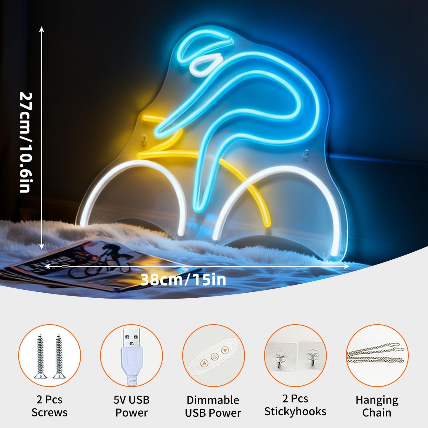 Bike Rider Neon Sign, USB Powered Decorative LED Neon Light for Game Room Boy Bedroom Living Room Wall Table Sports Bicycle Theme Decor 15 x 10.6 In