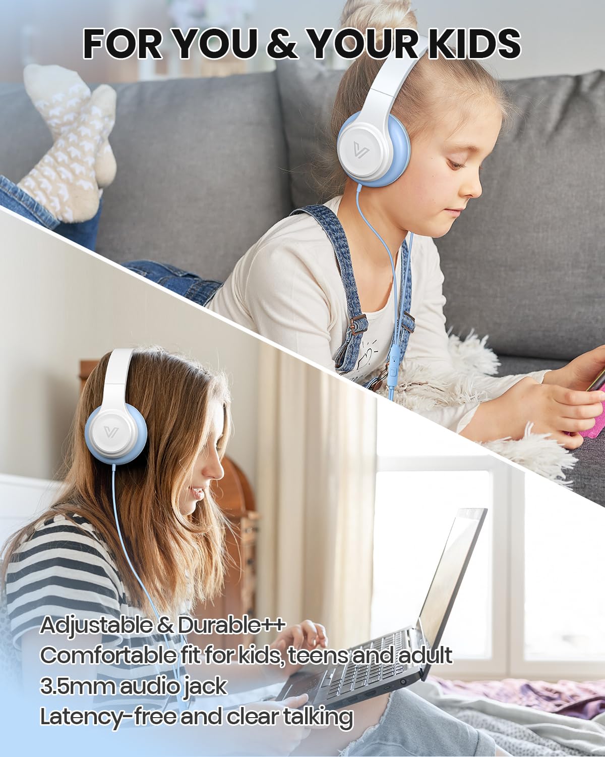 VOXii GE01 On-Ear Headphones w/Mic, Portable Lightweight Folding Stereo Bass Headphones for Smartphone, Tablet, Computer - Kids School (Blue)