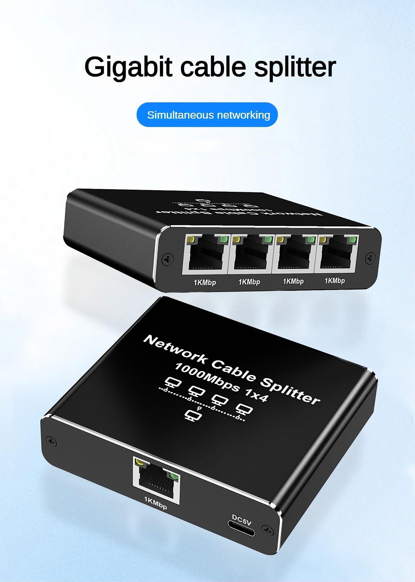 Gigabit Ethernet Splitter 1 to 4, 1000Mbps Network Cable Splitter RJ45 1 in 4 Out, 4-Port LAN Adapter for Router, PC, Smart TV, Camera, Plug and Play