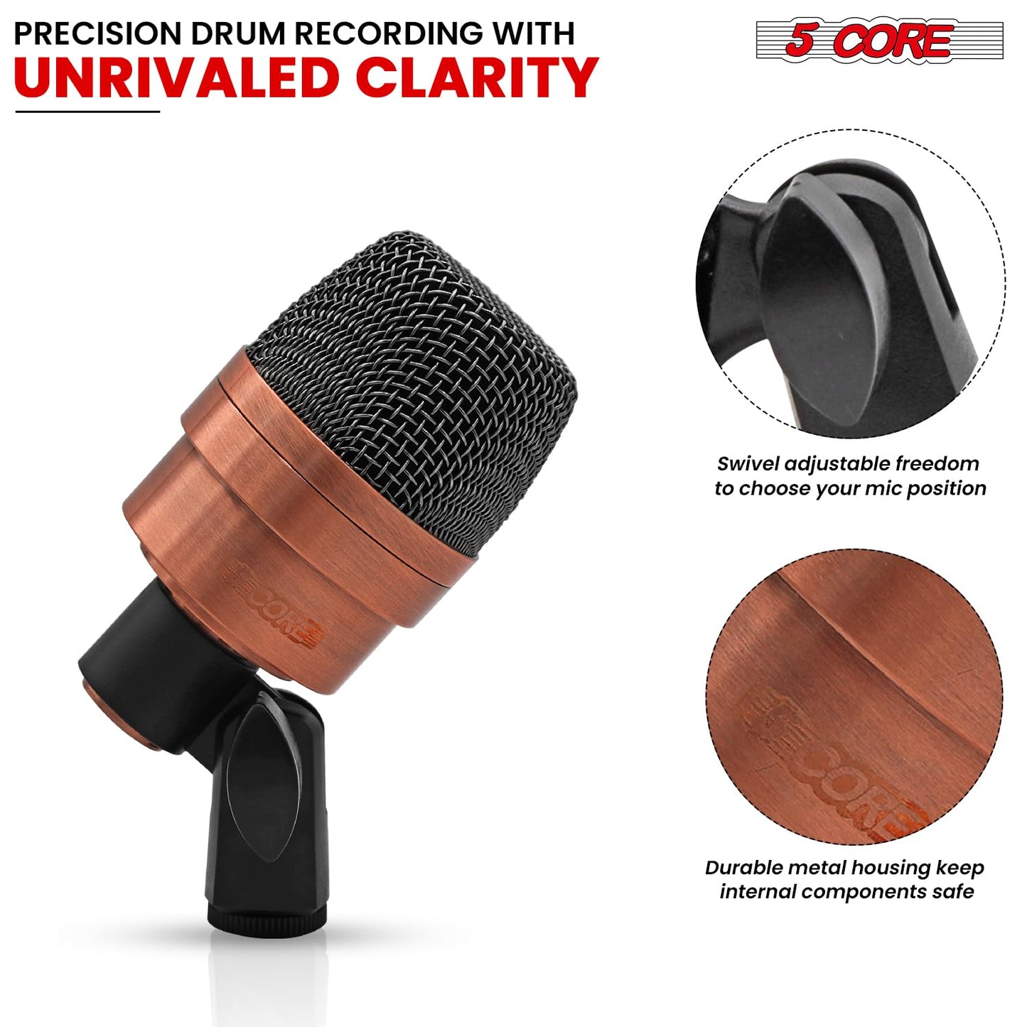 5 CORE Tom Microphone Copper Finish XLR Wired Uni Directional Snare Drum and Other Musical Instrument Mic w Swivel-Mount Steel Mesh Grille Tripod
