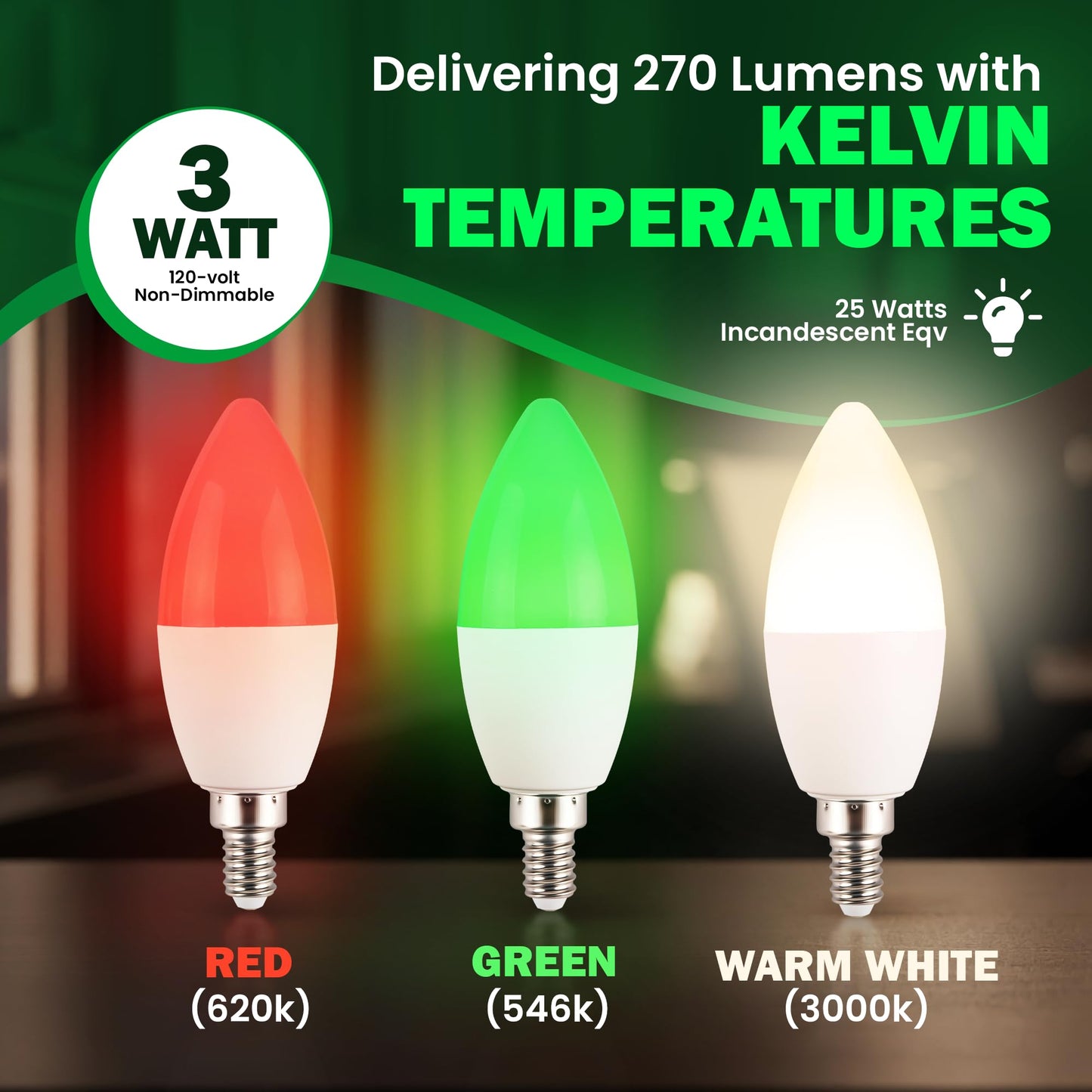 Tupkee LED Automatic Color Changing Bulb - Automatically Cycles Between Red/Green/White Every 5 Seconds - C37/B11 Candle Bulb, E12 Base, 3W Christmas