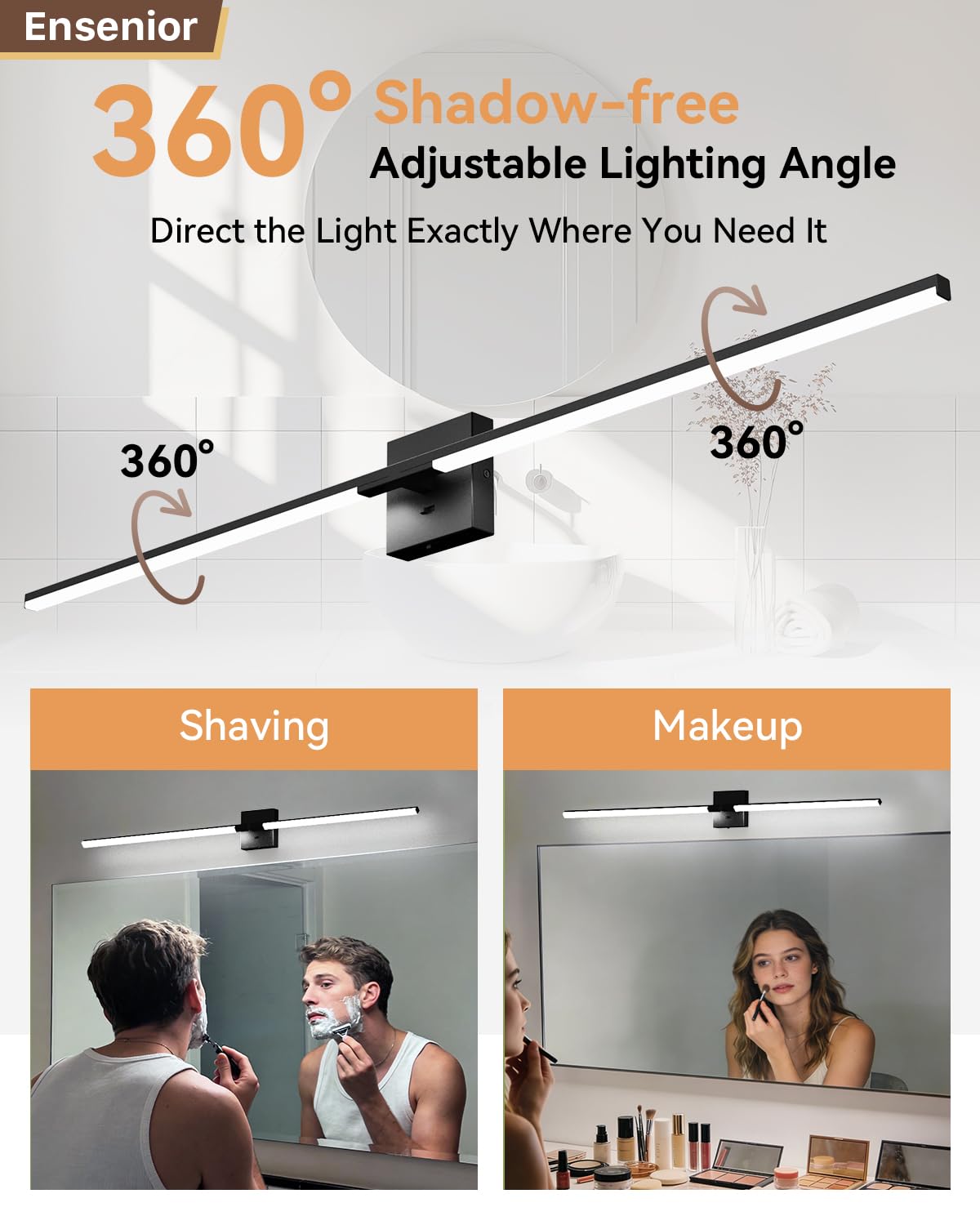 Ensenior Modern Bathroom Vanity Light 48 inch, Built-in Dimmer, 28W Dimmable 5CCT Led Bath Lights, Black Bar Vanity Lights for Bathroom Mirror