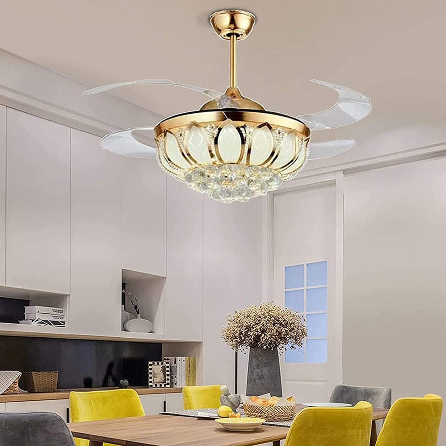 N/B 42 Inch Modern Gold Crystal Chandelier Fan with Retractable Blades Ceiling Fan with Light LED and Remote Control Indoor Fan Suitable for Dining