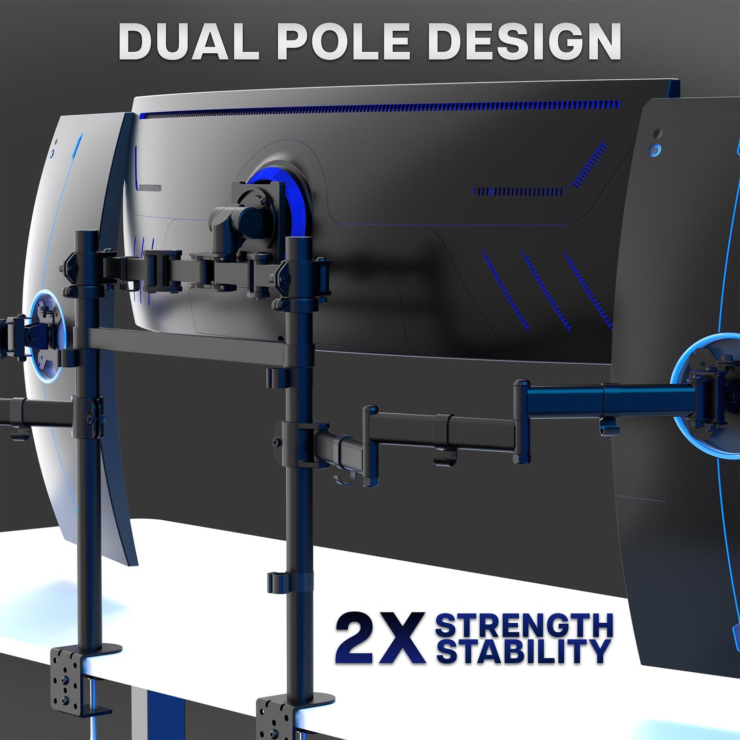 VIVO Clamp-on Dual Pole Triple Monitor Desk Mount for 1 Center Utrawide up to 49 inches and 59.4 lbs, 2 Side Screens up to 38 inches and 17.6 lbs, Low