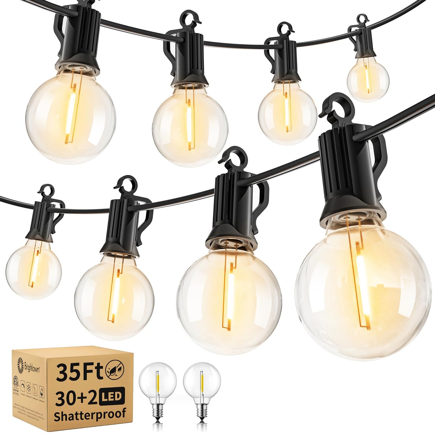 Brightown Outdoor String Lights - Waterproof Globe Patio Lights 35 Ft with 30 G40 Shatterproof LED Bulbs, Connectable Commercial Hanging Light