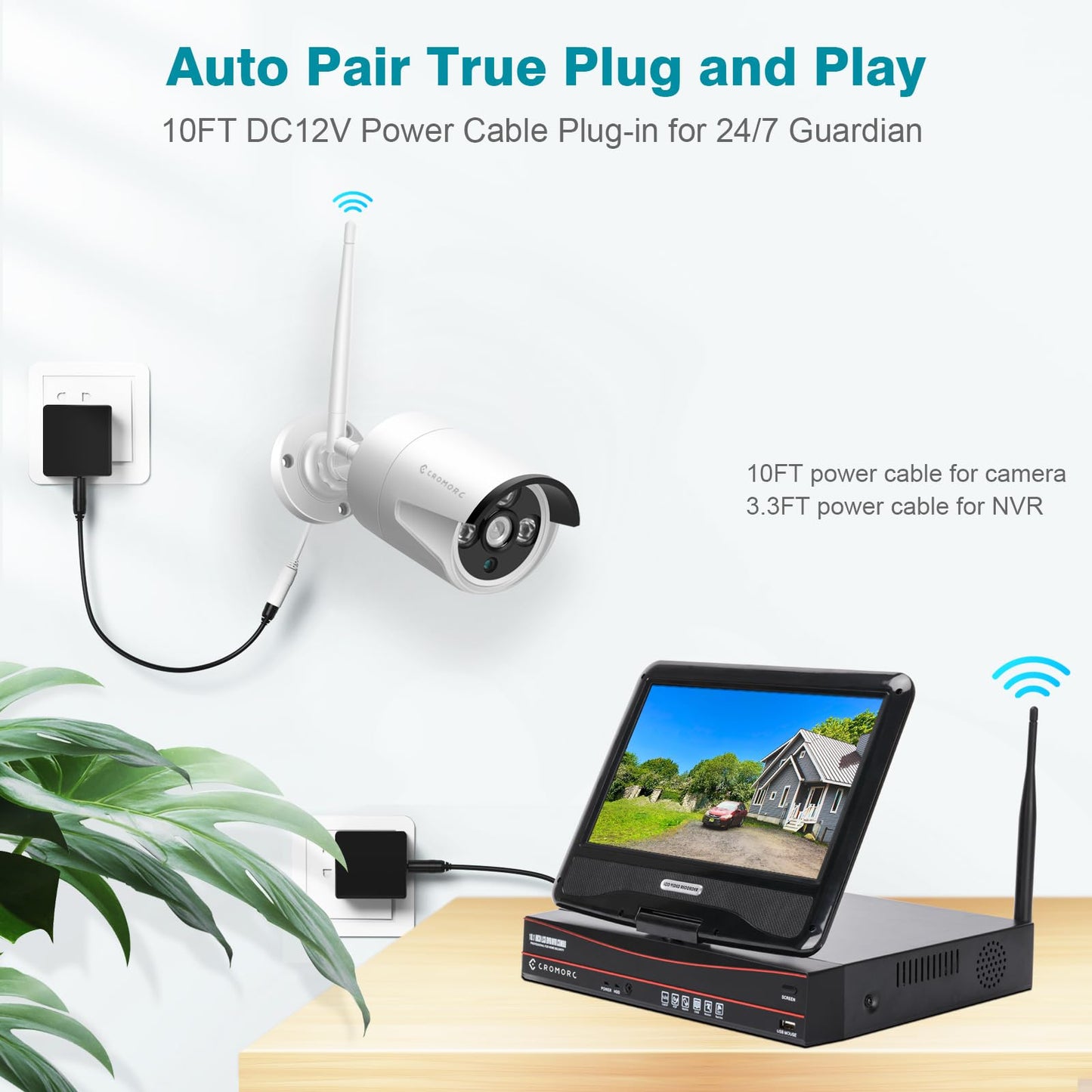 Cromorc 10CH Expandable Wireless Security Camera System with 10.1" Monitor 4pcs 5MP Indoor Outdoor Camera 1-Way Audio Night Vision Motion Detection