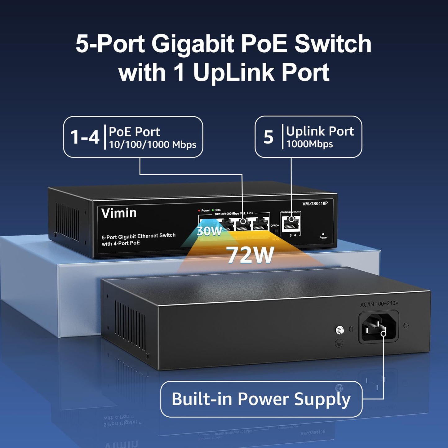 4 Port Gigabit PoE Switch with 1 Uplink Gigabit Ports, VIMIN 5 Port Unmanaged Ethernet PoE Switch with 72W Power, Support IEEE802.3af/at, VLAN, Metal