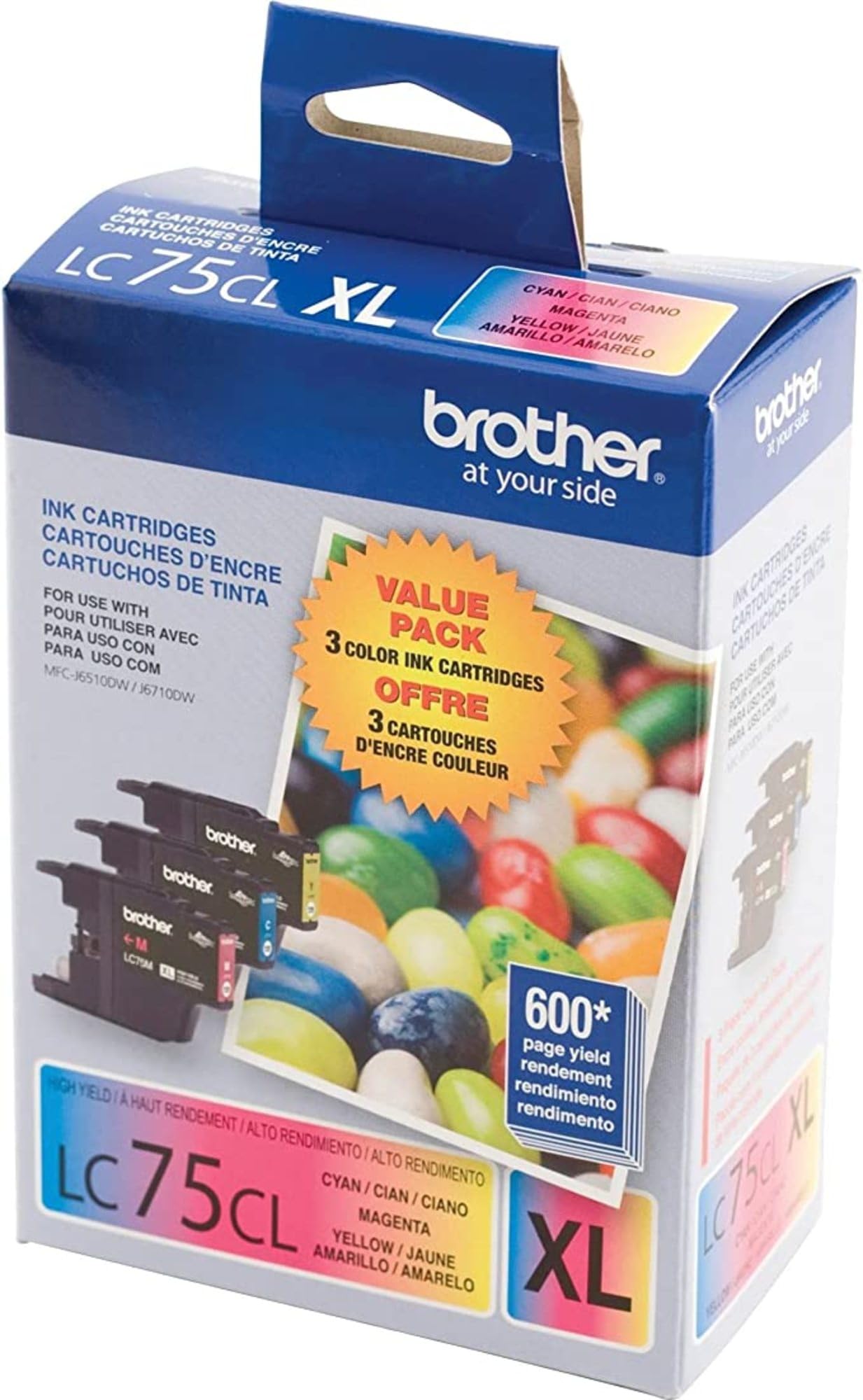 Brother LC753PKS XL High Yield 3 Pack - 1 Each LC75C, LC75M, LC75Y Ink, Yellow/Cyan/Magenta