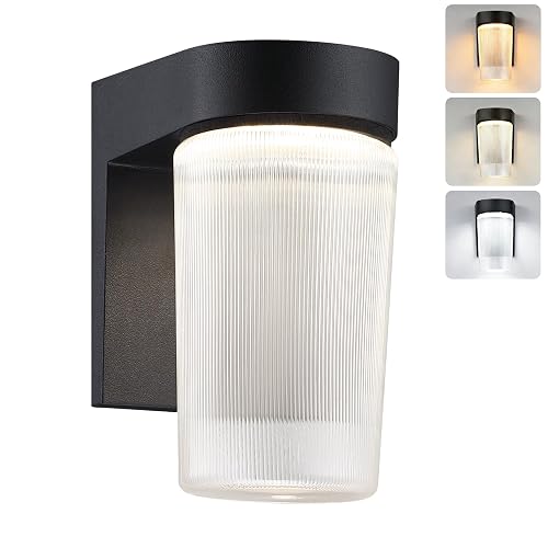 LIT-PaTH LED Jelly Jar Outdoor Wall Lantern, Exterior Porch Lighting Fxiture, 3CCT Selectable 3000K/4000K/5000K, Dimmable, 11W 800 Lumens, Black